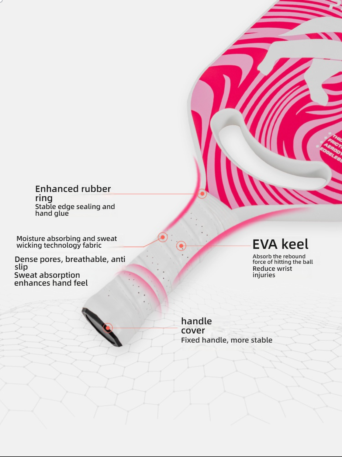 Paddle handle details with EVA keel and pores, teaching you how to hold a pickleball paddle.
