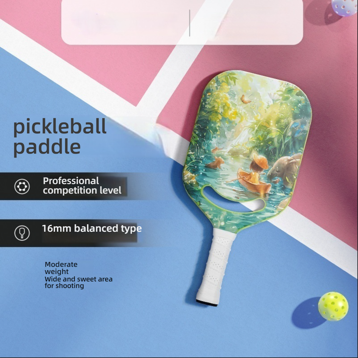 Xephira professional competition level 16mm paddle. This aerodynamic design helps you decide which pickleball paddle is best for me, offering a unique cartoon style for those asking what is the best pickleball paddle for beginners.