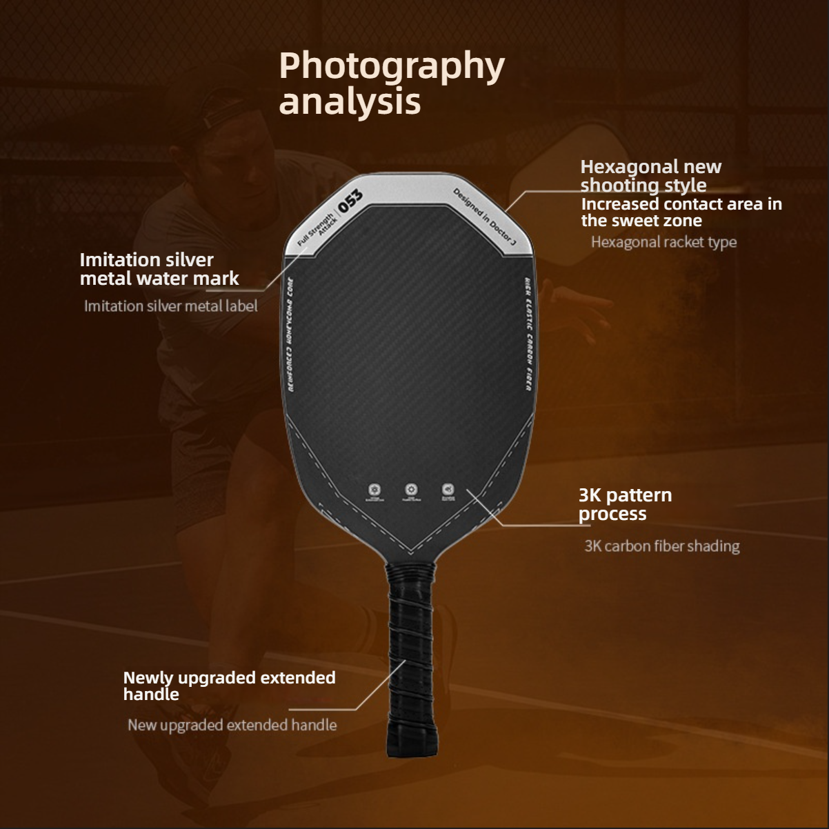 Photography analysis showing silver watermark and 3K pattern. For players asking which pickleball paddle is best for me, this enlarged sweet zone design is ideal.