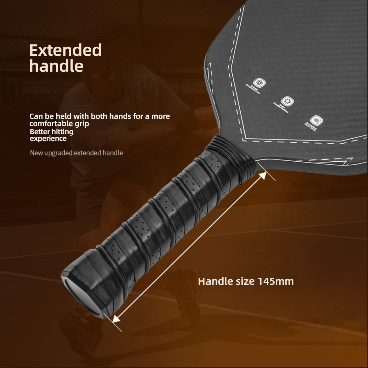 Close-up of the 145mm extended handle, demonstrating how to hold a pickleball paddle for a better hitting experience.