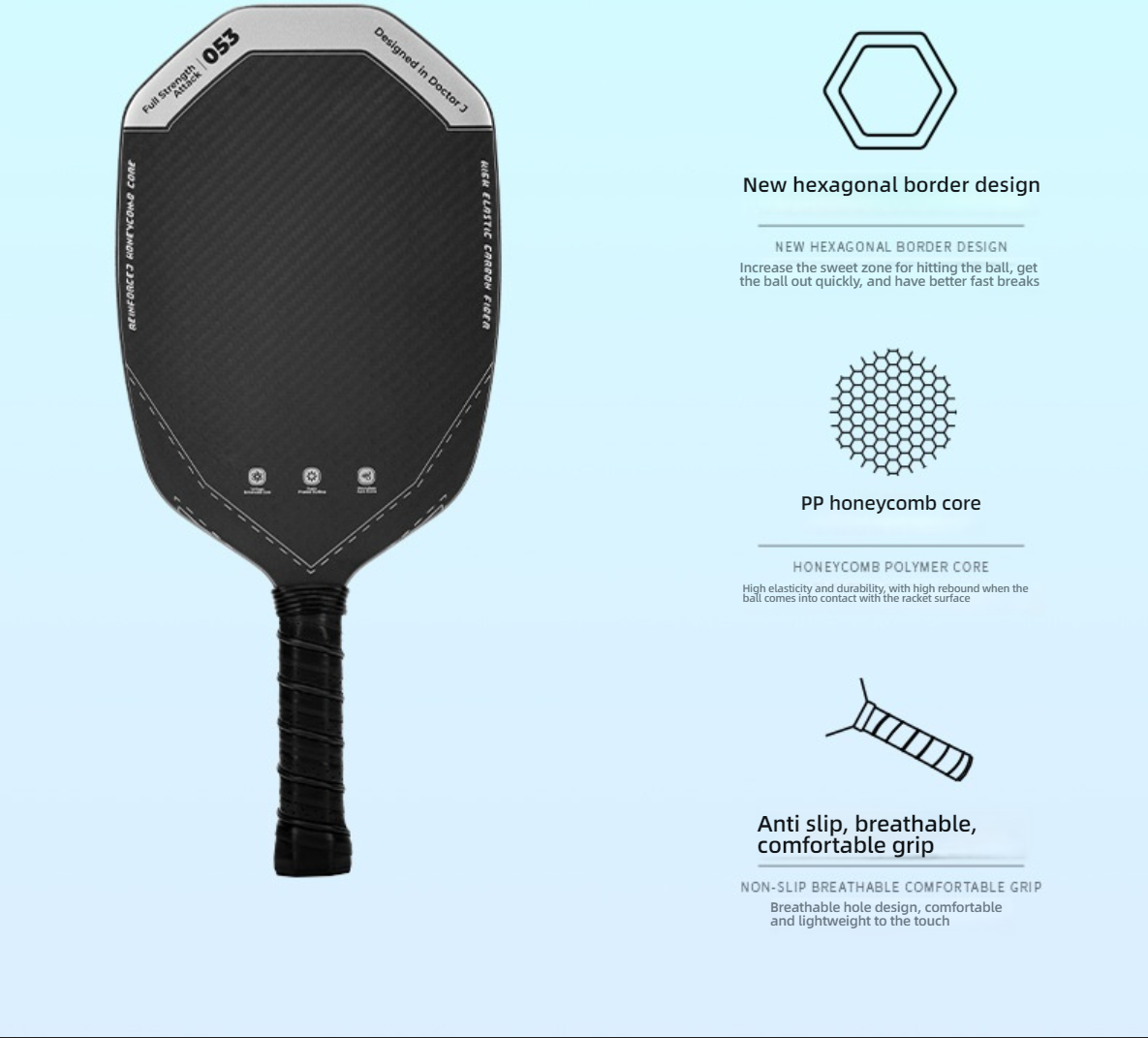 Structural diagram showing PP honeycomb core and anti-slip grip. If looking for what material is best for pickleball paddles, polymer core is the top choice.