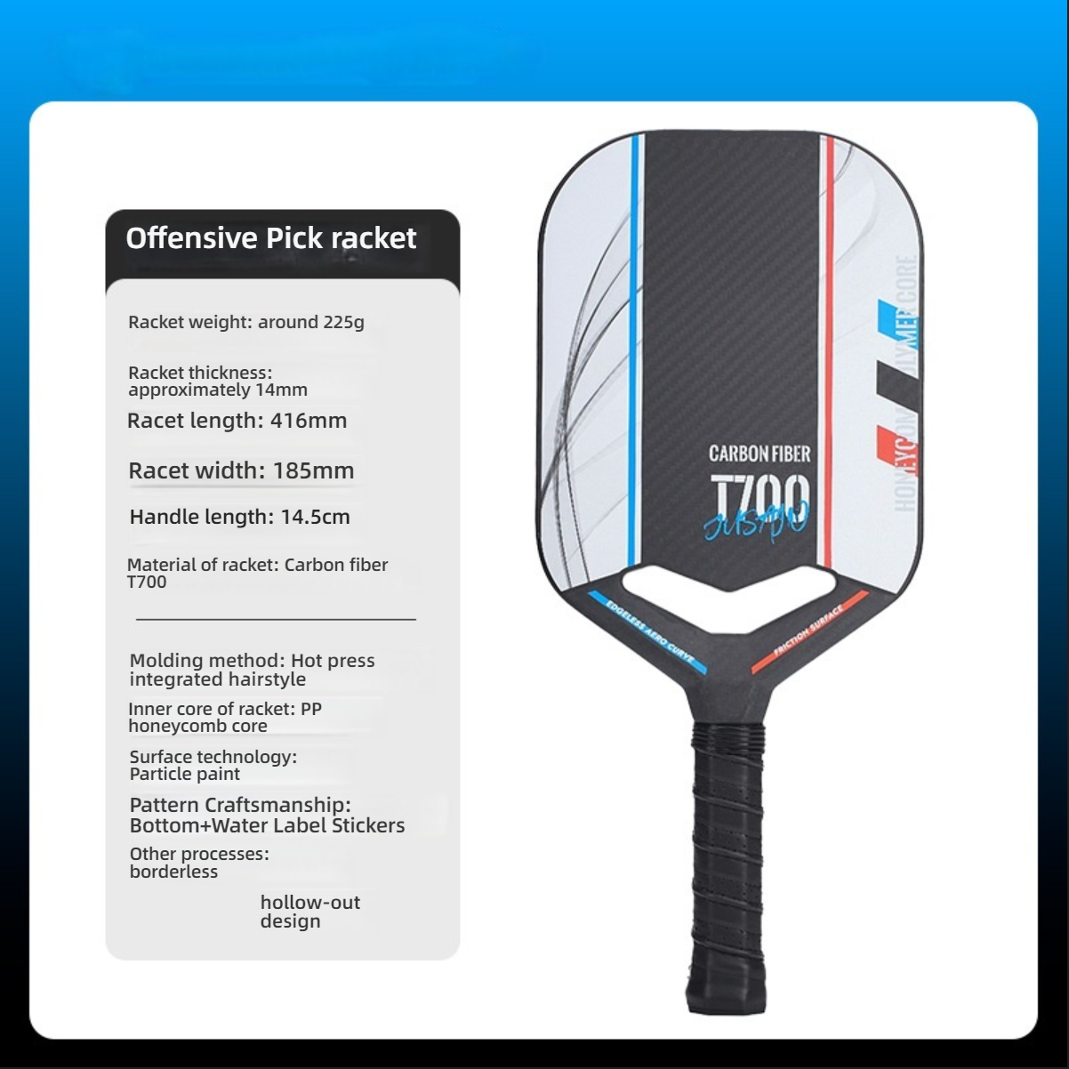 Showing offensive pickleball paddle specs with 14mm thickness and T700 carbon fiber. Explaining what is a good pickleball paddle.
