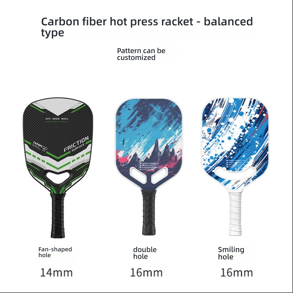 Custom pattern options with different thickness (14mm/16mm) and hole shapes. Helps you decide which pickleball paddle is best for me by offering fan-shaped, double, and smiling hole designs.