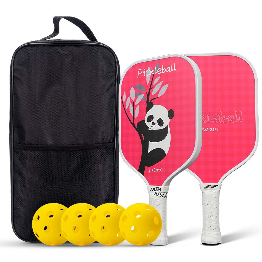 EN: Cute pink panda cartoon paddle, the perfect answer to what is a good pickleball paddle for beginners, featuring a family-friendly USP.