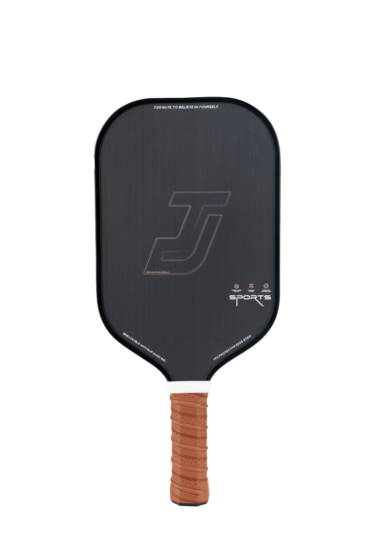 A black, brushed raw carbon fiber surface pickleball paddle with a brown grip. Ideal for professional users looking for a classic-style where to buy a pickleball paddle.