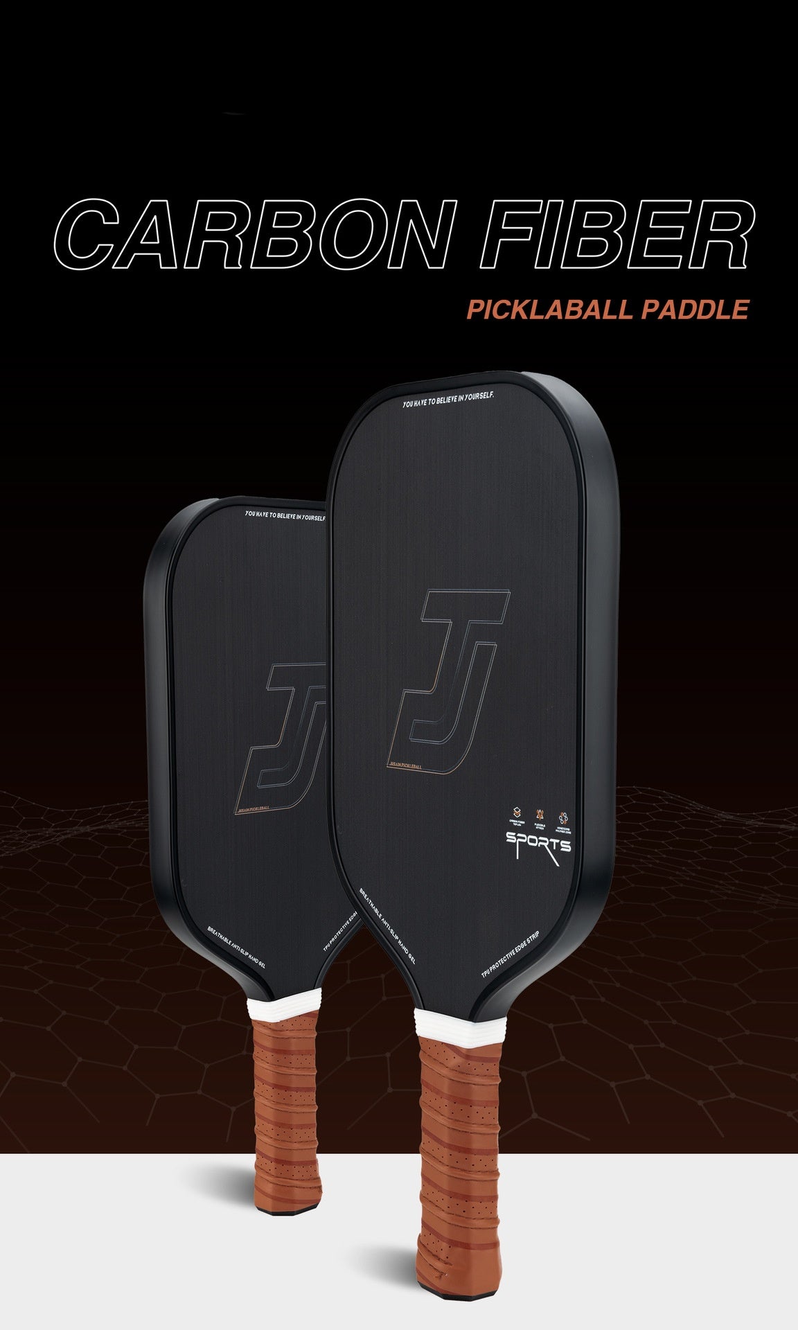 Close-up of two black, brushed carbon fiber pickleball paddles with brown grips.