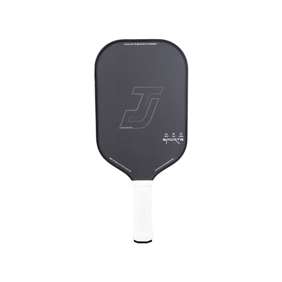 A black, brushed raw carbon fiber surface pickleball paddle with a white grip. Emphasizes the control of raw carbon fiber, suited for players asking which pickleball paddle to buy.
