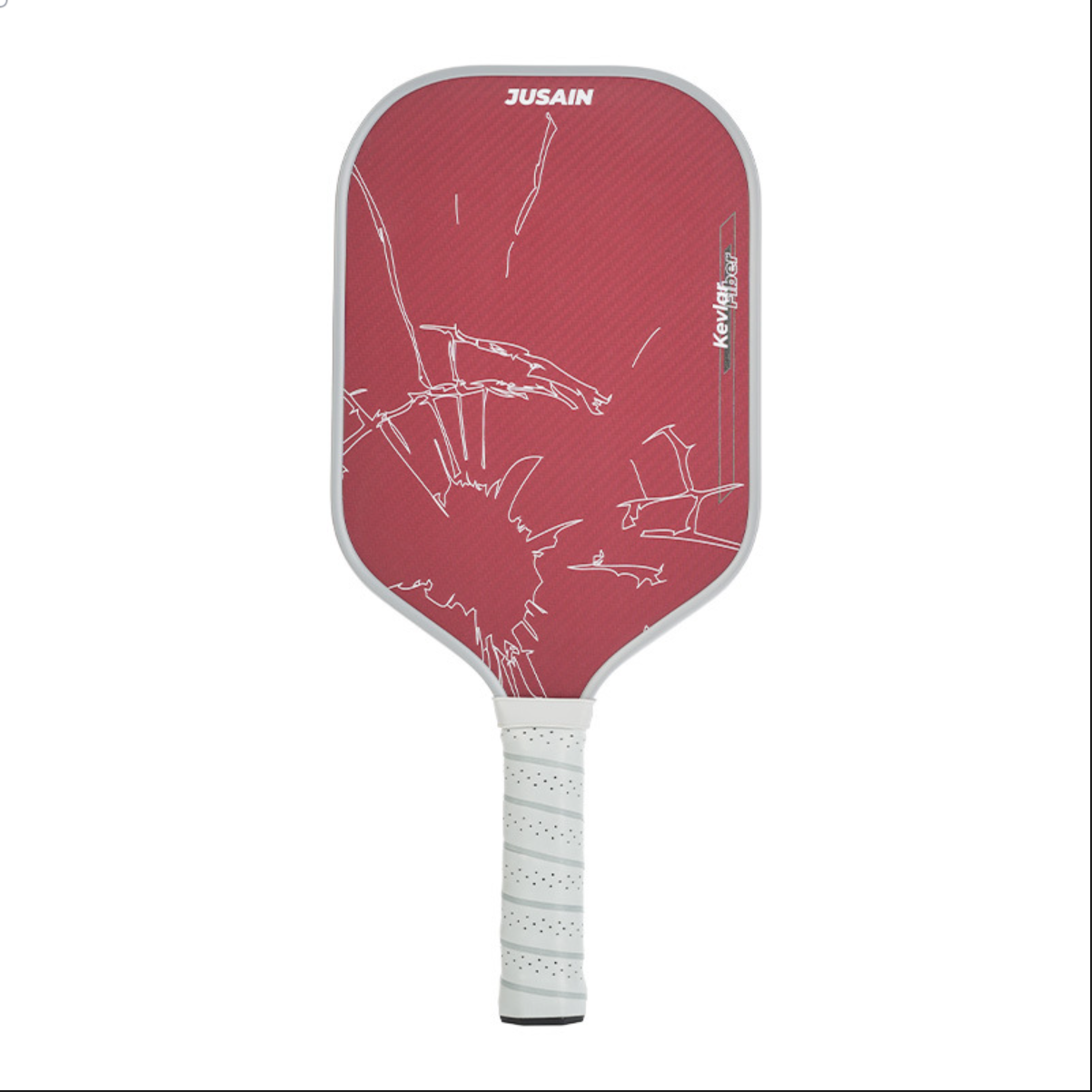 Red Jusain series with shatter graphics; learn how to hold a pickleball paddle correctly for power shots.