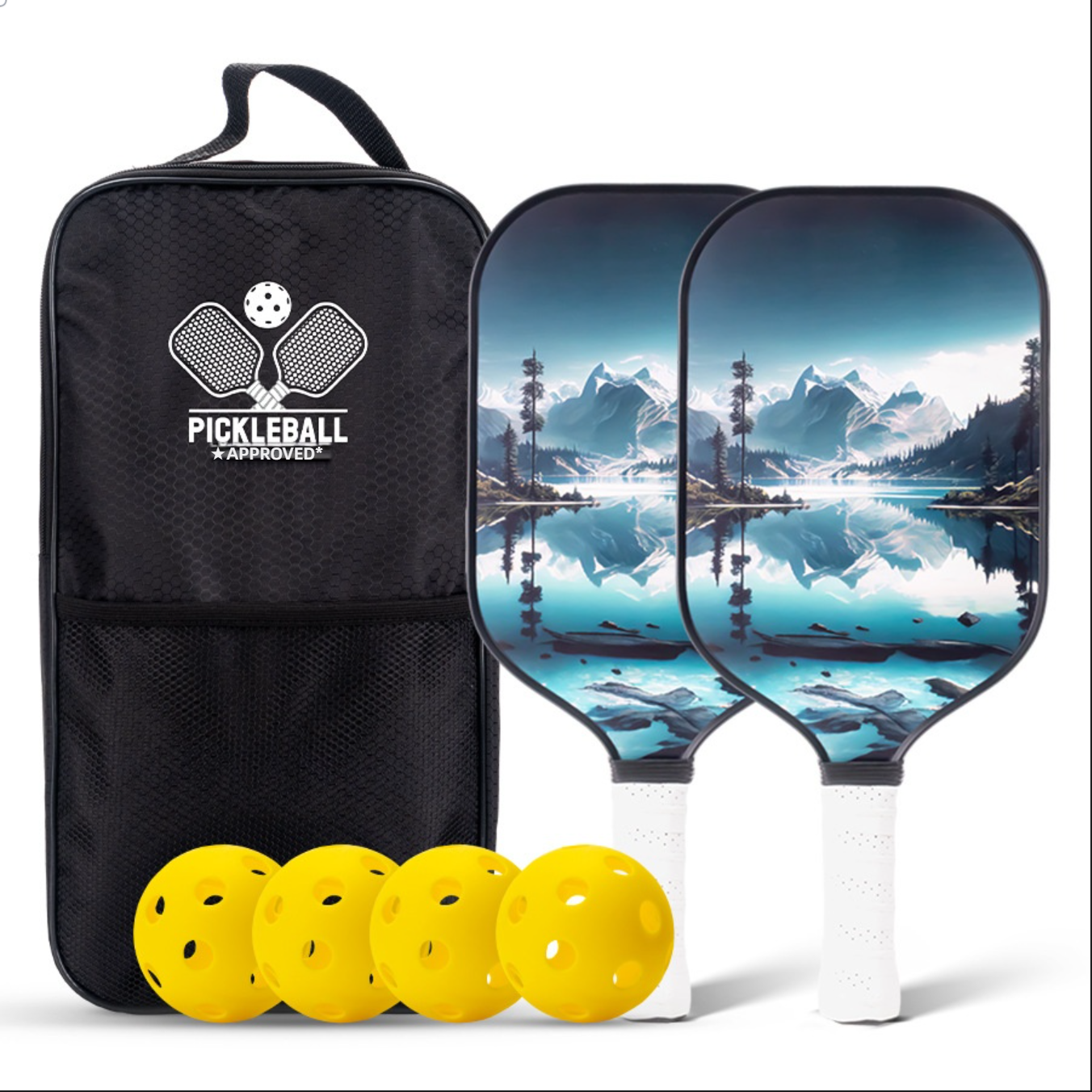 Artistic mountain landscape paddle set. Where can i buy pickleball paddles with unique aesthetic designs?