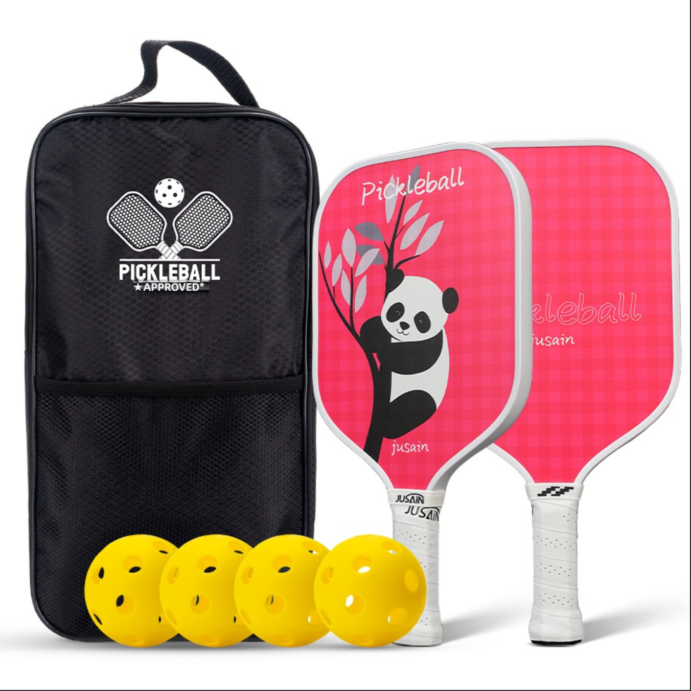 Pink panda cartoon paddle set. What are good pickleball paddles for kids and family bonding?