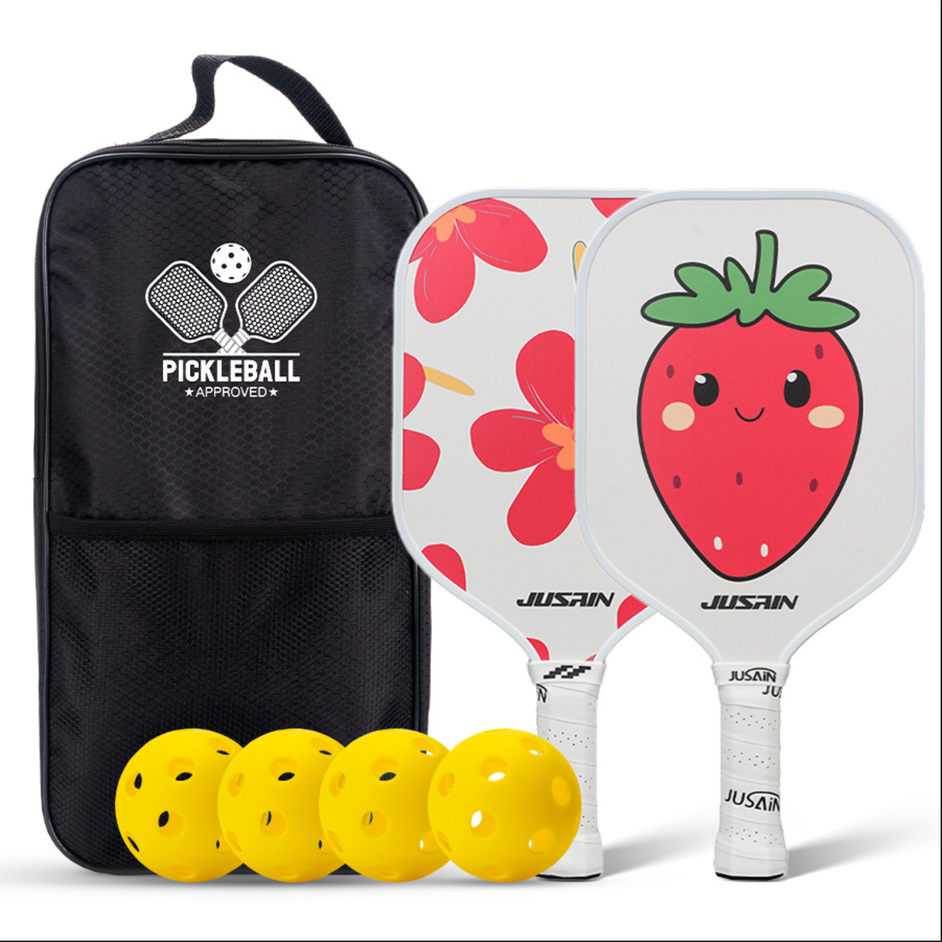 Strawberry cartoon pickleball paddle set. How do i choose a pickleball paddle for beginners with a fun USP?