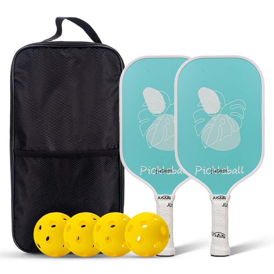 Xephira pickleball paddle set featuring 2 tropical leaf design paddles, 4 balls, and a bag. Discover what is a good pickleball paddle for beginners with this stylish, lightweight combo.