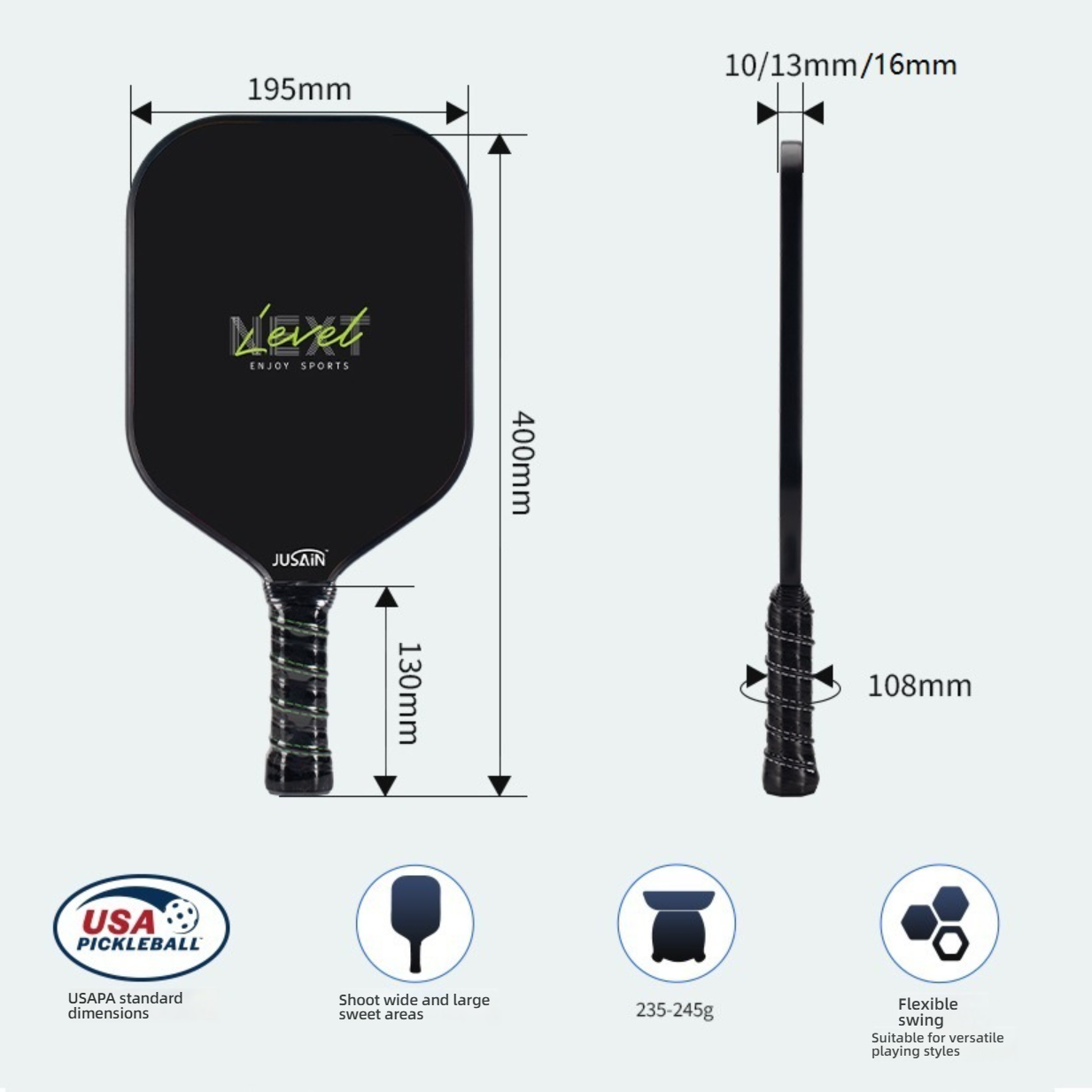 Dimension and spec chart, detailing handle size and how to hold a pickleball paddle correctly.