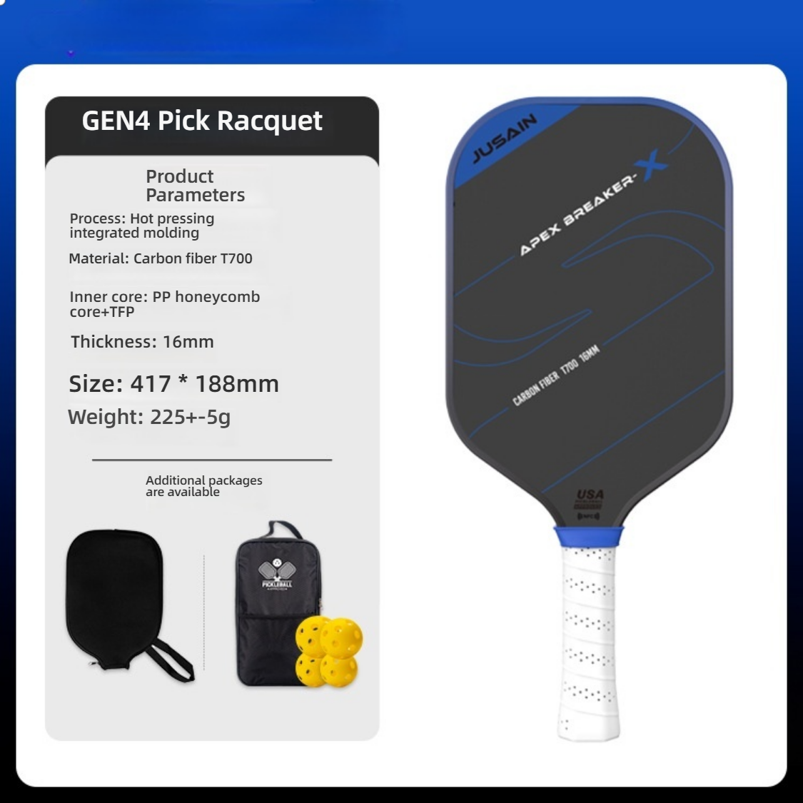 Blue hot-pressed integrated paddle. Ideal for buyers asking where to get pickleball paddles, featuring high-performance TFP material.