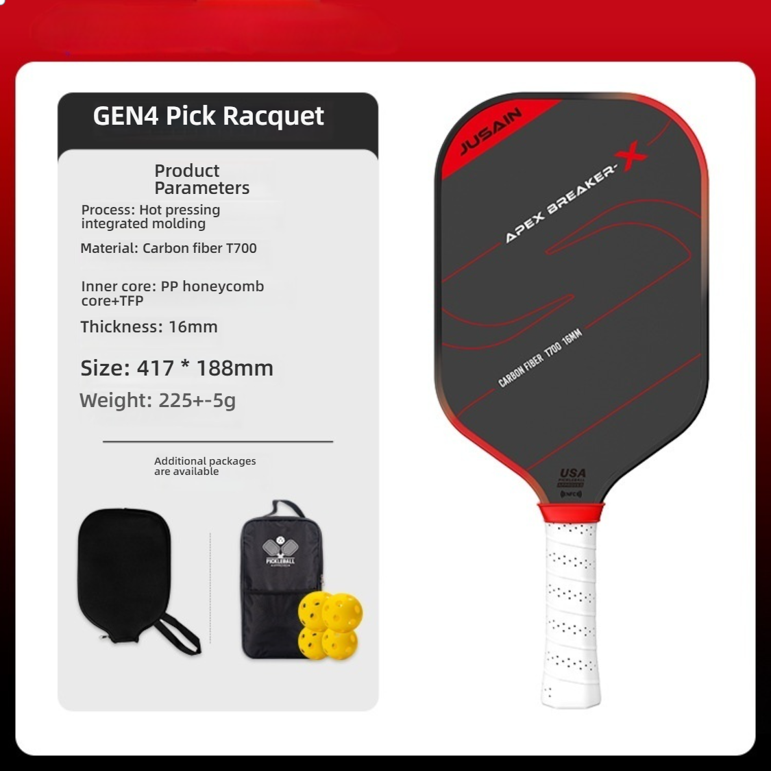 Red T700 carbon fiber paddle specs. Great for those searching where can i buy pickleball paddles, includes cover and balls set.