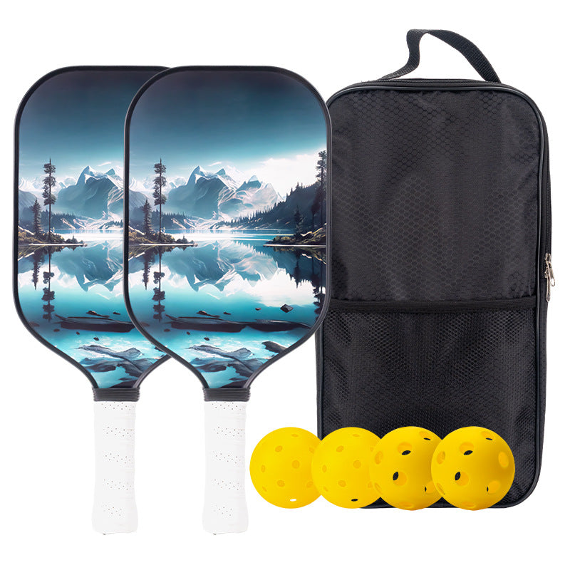 EN: Snow mountain and forest nature-style paddle for players searching for artistic gear while asking where can i buy pickleball paddles.