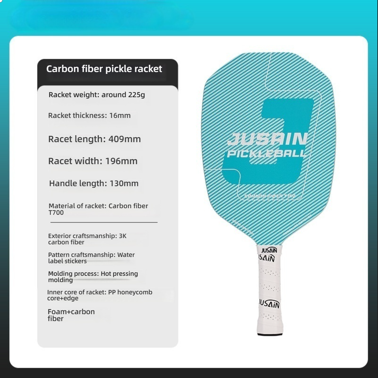 Detailed T700 carbon fiber pickleball paddle specs, including 225g weight and 16mm thickness. Ideal for how do i choose a pickleball paddle for beginners. Featuring PP honeycomb core, explaining what material is best for pickleball paddles.