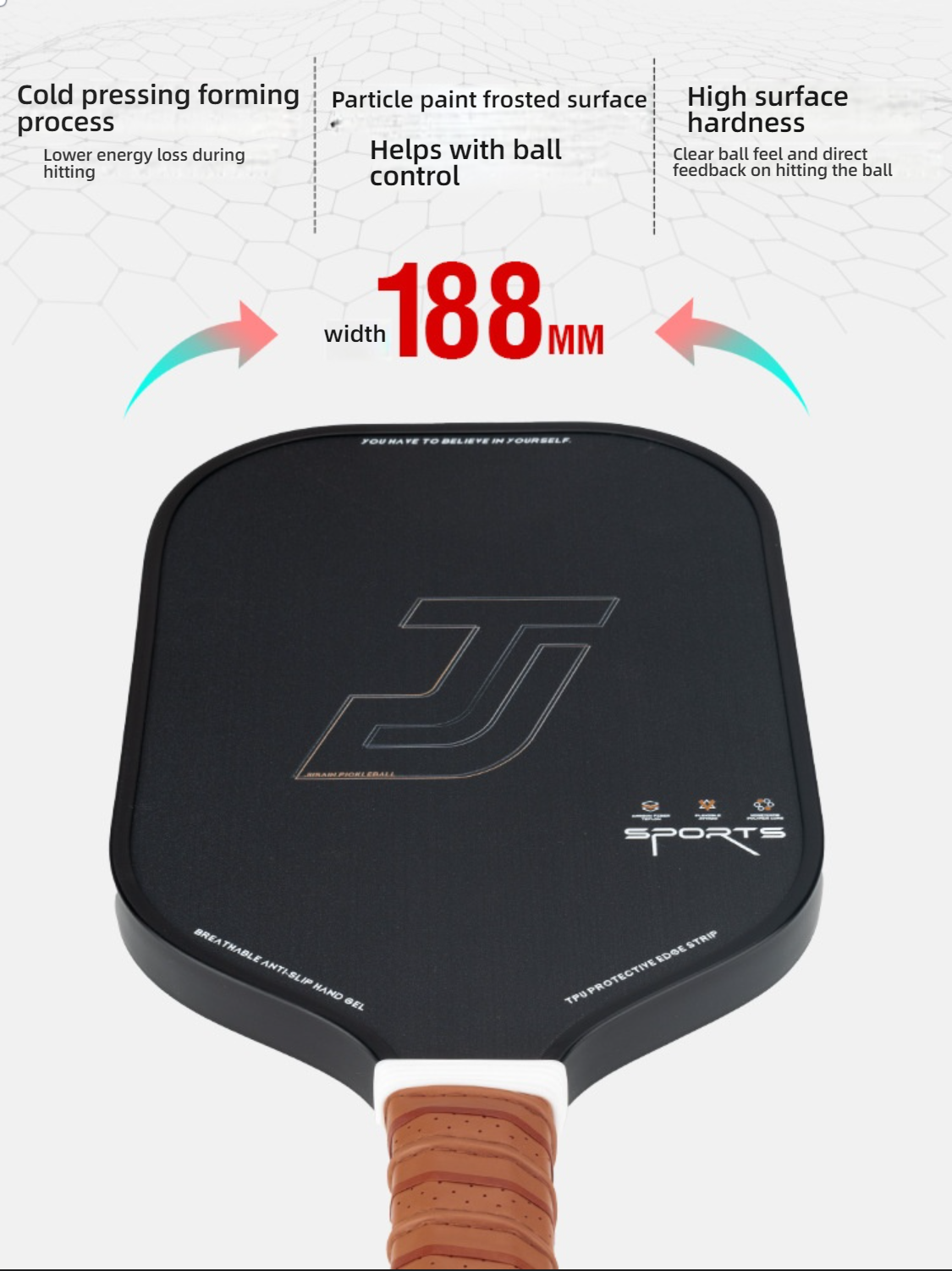 Specifications and process details of a black raw carbon fiber paddle: 188mm width (specification), cold press molding, high surface hardness, and particle paint frosted surface. Highlights the manufacturing quality of what makes a pickleball paddle good.
