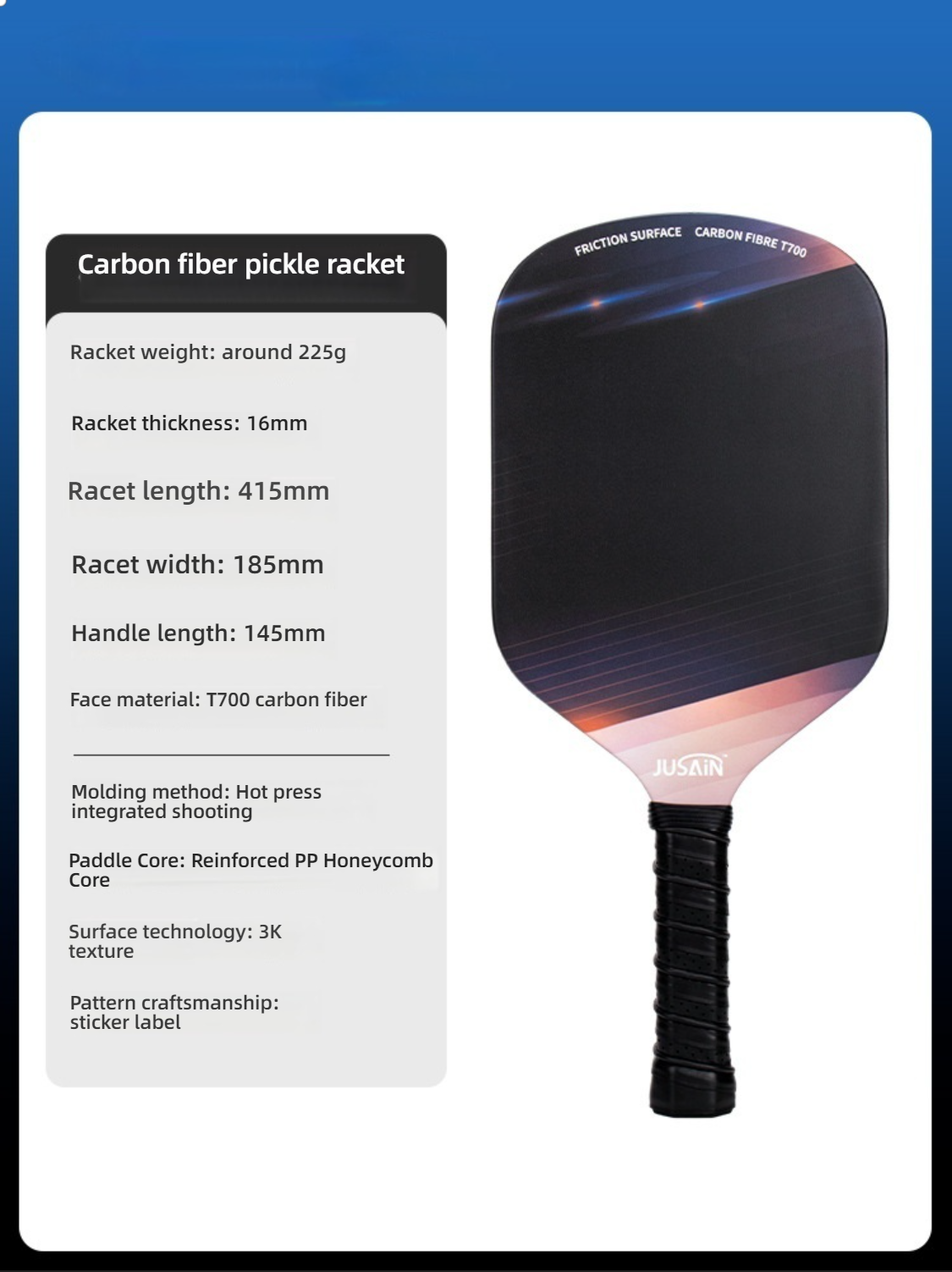 Detailed specification sheet for the Xephira paddle, weighing approx 225g. Provides precise data for buyers looking where to get pickleball paddles. Helps users decide which pickleball paddle is best for me via technical comparison.