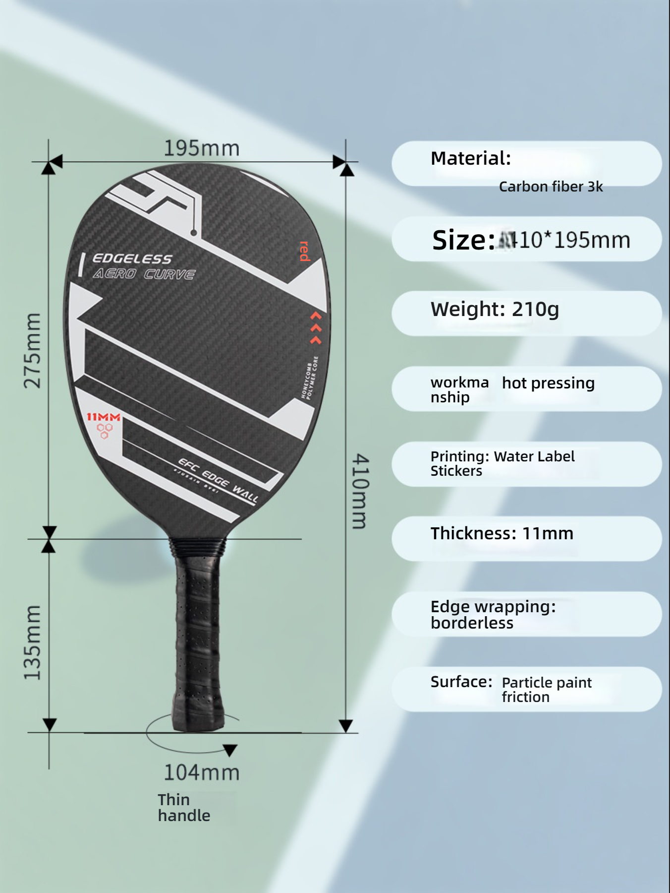 Technical specifications of Xephira paddle: 210g weight, 11mm thickness, and 3k carbon fiber. What material is best for pickleball paddles? Carbon fiber 3k provides the best durability. Where to buy a pickleball paddle with precise 410mm x 195mm dimensions.