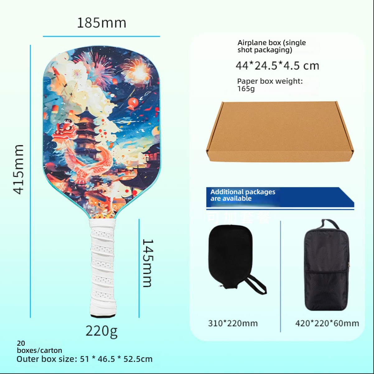 Paddle specifications (415mm length) and accessories. Find out where to get pickleball paddles and matching carrying bags.