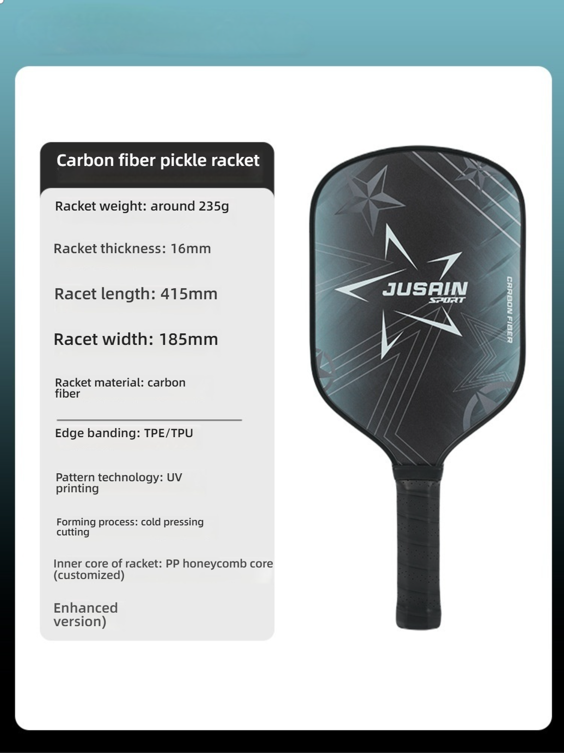Specification sheet detailing what is the best pickleball paddle (16mm thickness, 235g). Click to find out where to buy a pickleball paddle.
