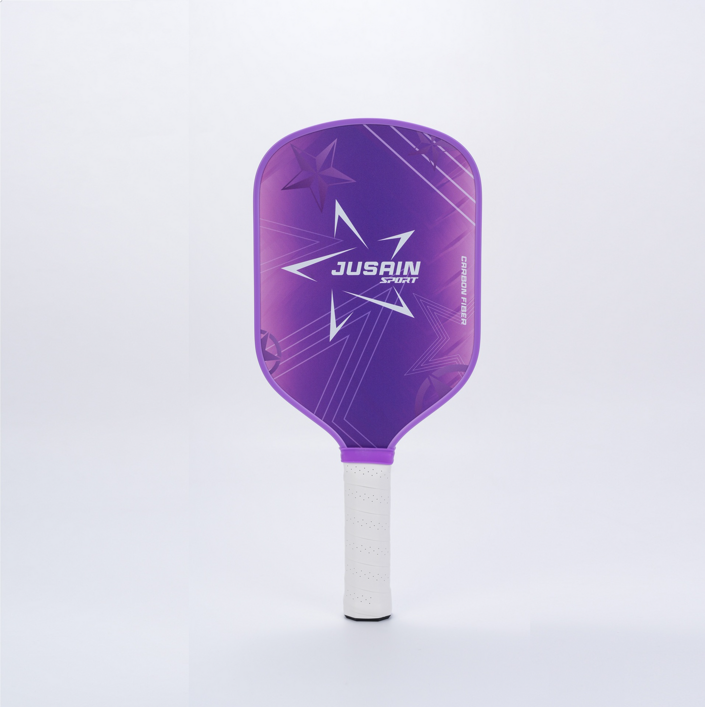 A purple star-patterned paddle showing how to hold a pickleball paddle. As what is a good pickleball paddle for beginners, its carbon fiber surface provides excellent control.