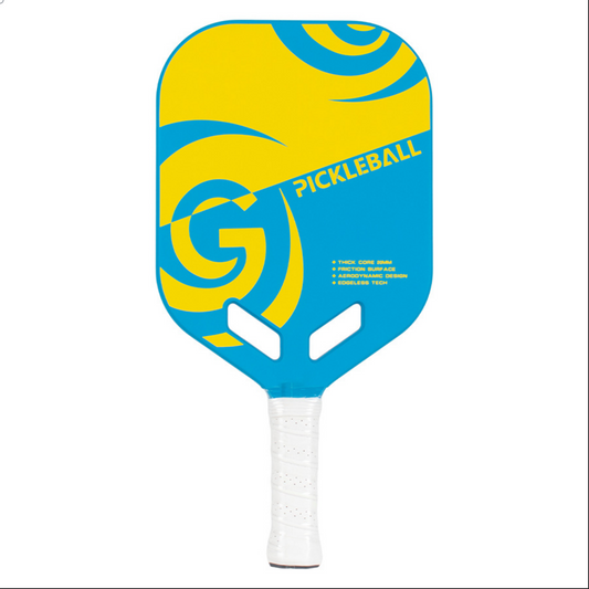 Yellow and blue swirl 'G' design, fiberglass face, a good pickleball paddle for beginners.
