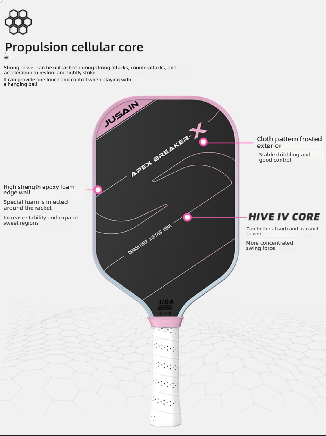 Pink model tech details with Hive IV core and frosted surface, perfect for how do i choose a pickleball paddle for beginners, featuring a large sweet spot.