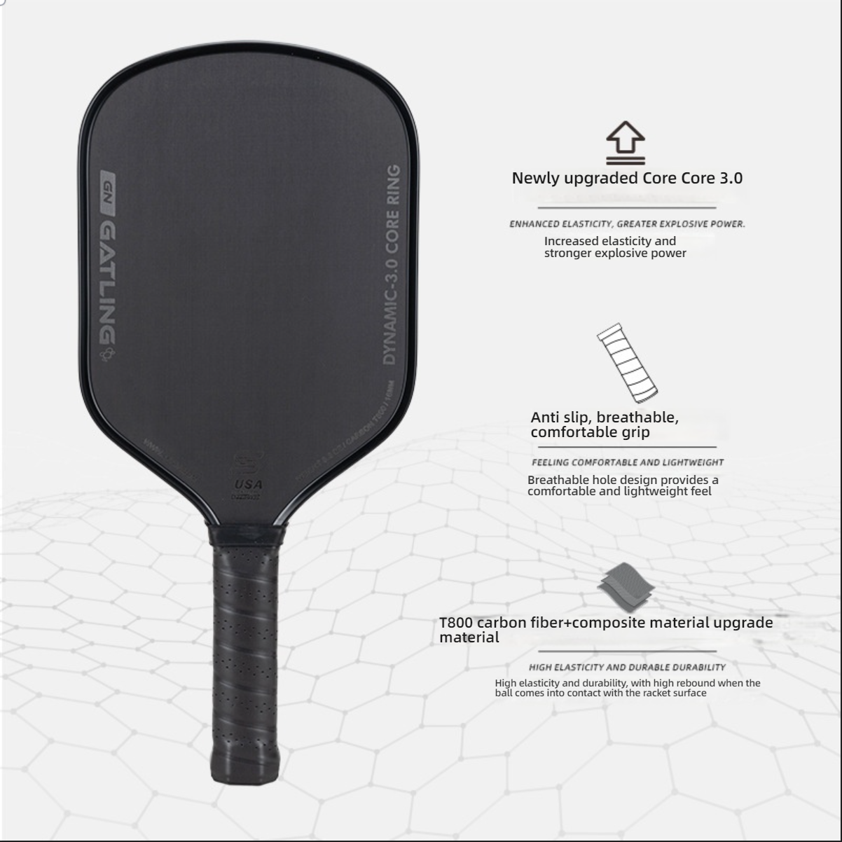 Technology breakdown: T800 carbon fiber + composite. Explains what material is best for pickleball paddles, providing high elasticity and durability.
