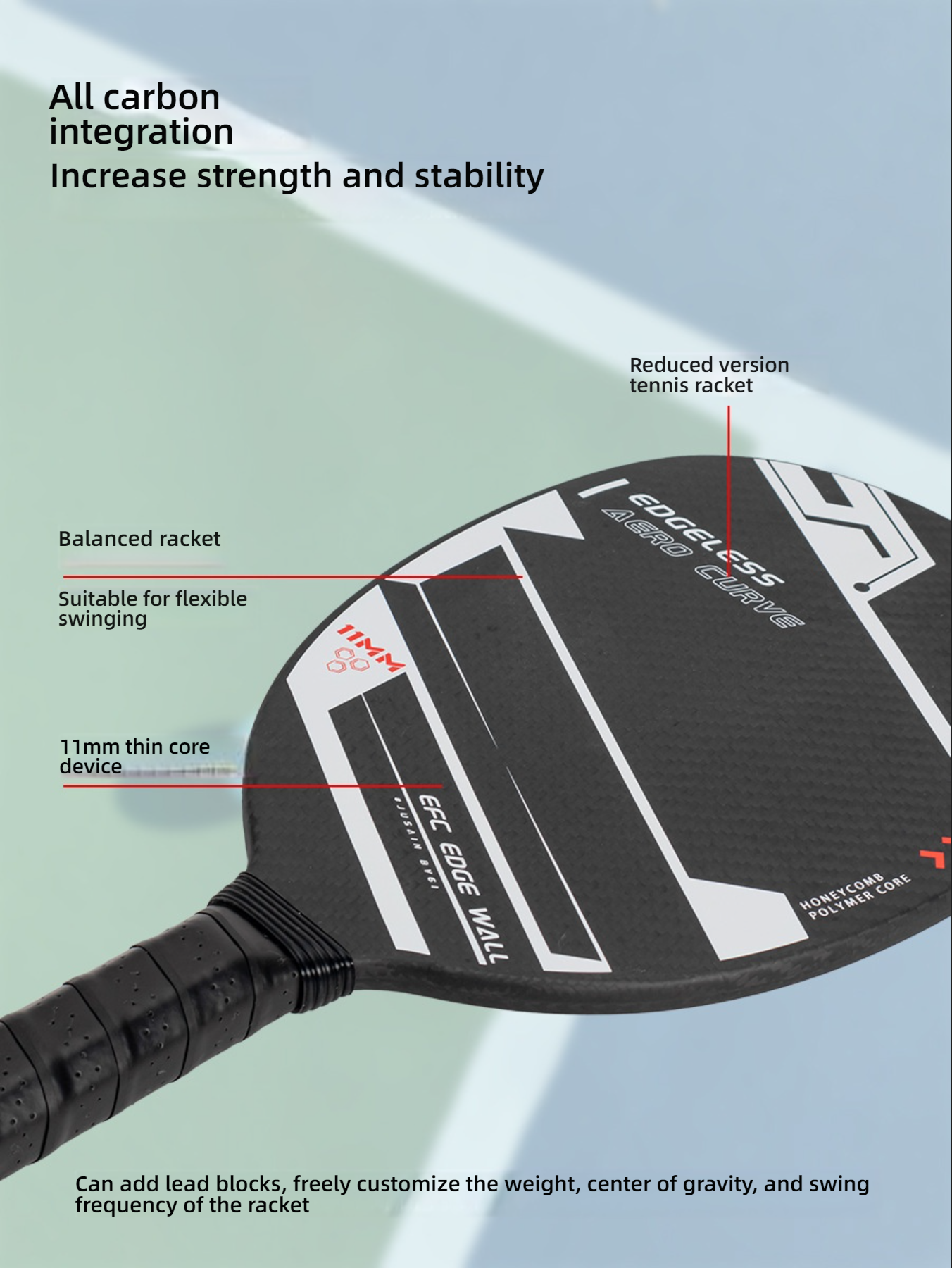Detailed features of Xephira balanced racket. Highlighting the 11mm thin core and all carbon integration. How do i choose a pickleball paddle for beginners? Look for strength and stability. Where to get pickleball paddles with customizable weight options.