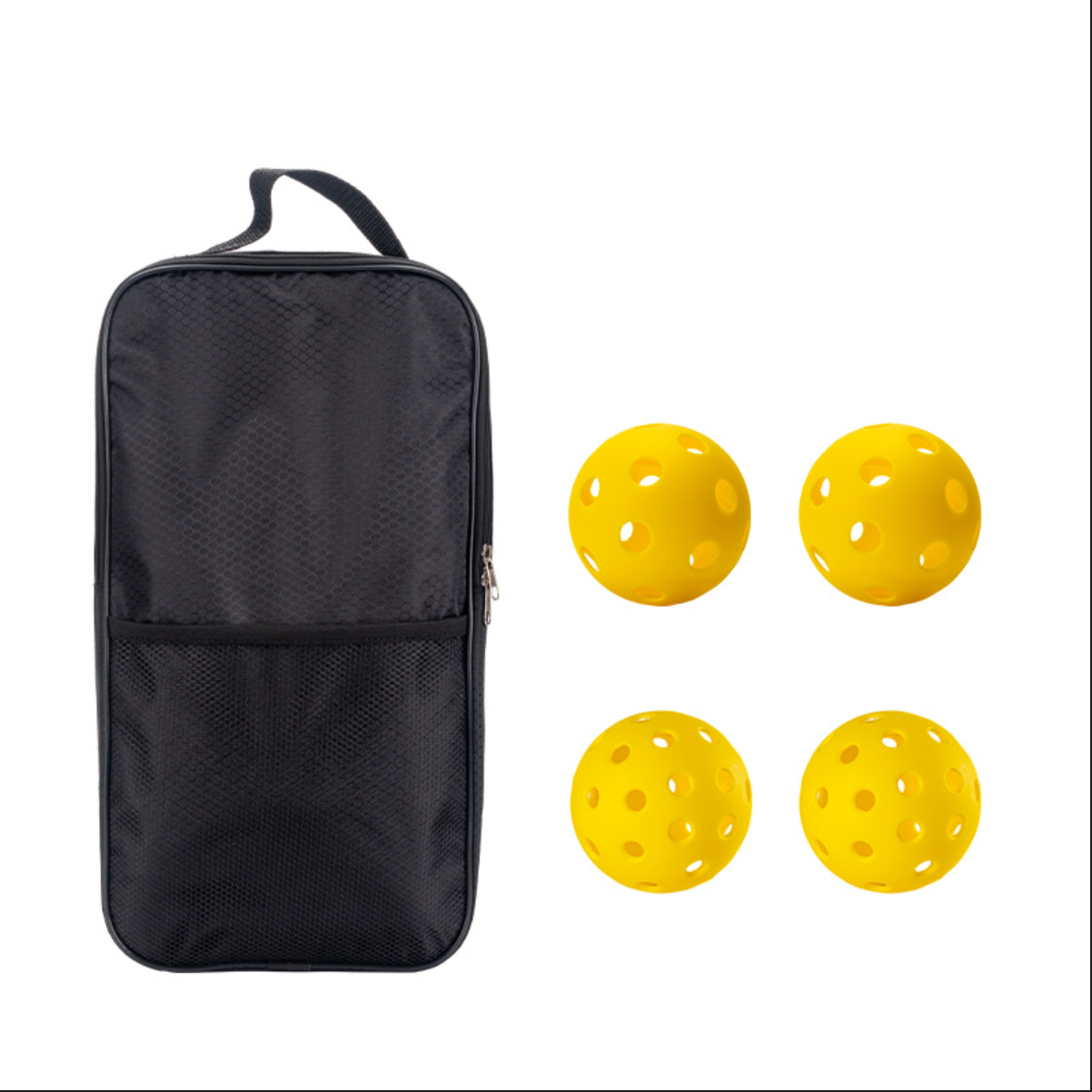A pickleball starter kit of accessories including a black paddle bag and four yellow pickleballs. Ideal for beginners wondering where to buy pickleball paddles and balls. where can i buy pickleball paddles | where to get pickleball paddles