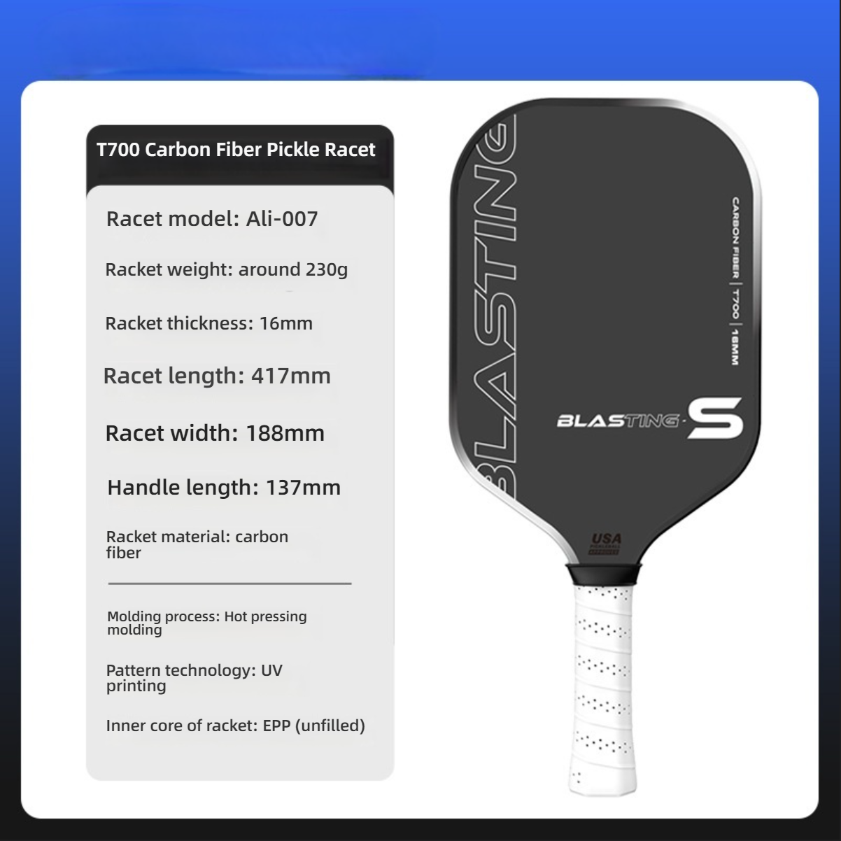 Specification sheet for Xephira black pickleball paddle. For players wondering what material is best for pickleball paddles, this features T700 carbon fiber and EPP core. Weighing 230g, it’s ideal for those learning how do i choose a pickleball paddle for beginners.