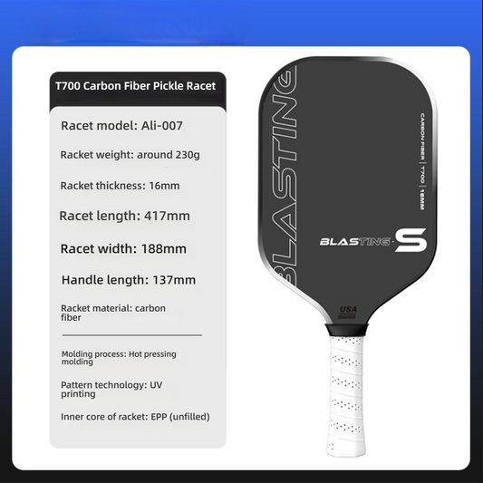 Specification sheet for Xephira black pickleball paddle. For players wondering what material is best for pickleball paddles, this features T700 carbon fiber and EPP core. Weighing 230g, it’s ideal for those learning how do i choose a pickleball paddle for beginners.