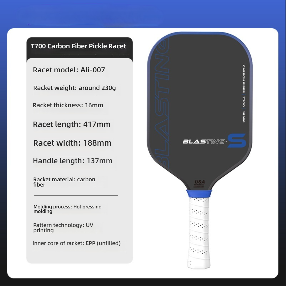 Blue Xephira paddle with extended handle. If you're deciding which pickleball paddle is best for me, the 137mm handle helps with how to hold a pickleball paddle and provides better leverage.