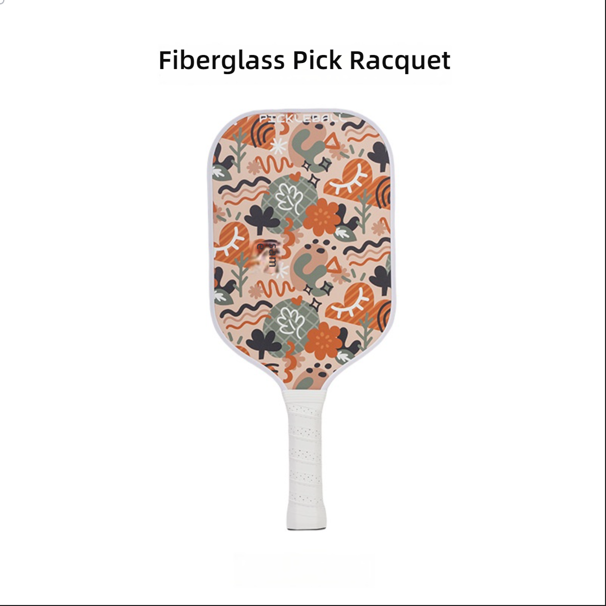 A white-handled pickleball paddle with a Bohemian-style floral and cartoon pattern on a cream background. USP highlights the fun (cartoon/family-friendly) design. The top of the paddle face indicates it is a Fiberglass Pick Racquet. Core keywords: where can i buy pickleball paddles, what makes a pickleball paddle good, fiberglass, cartoon, family-friendly.