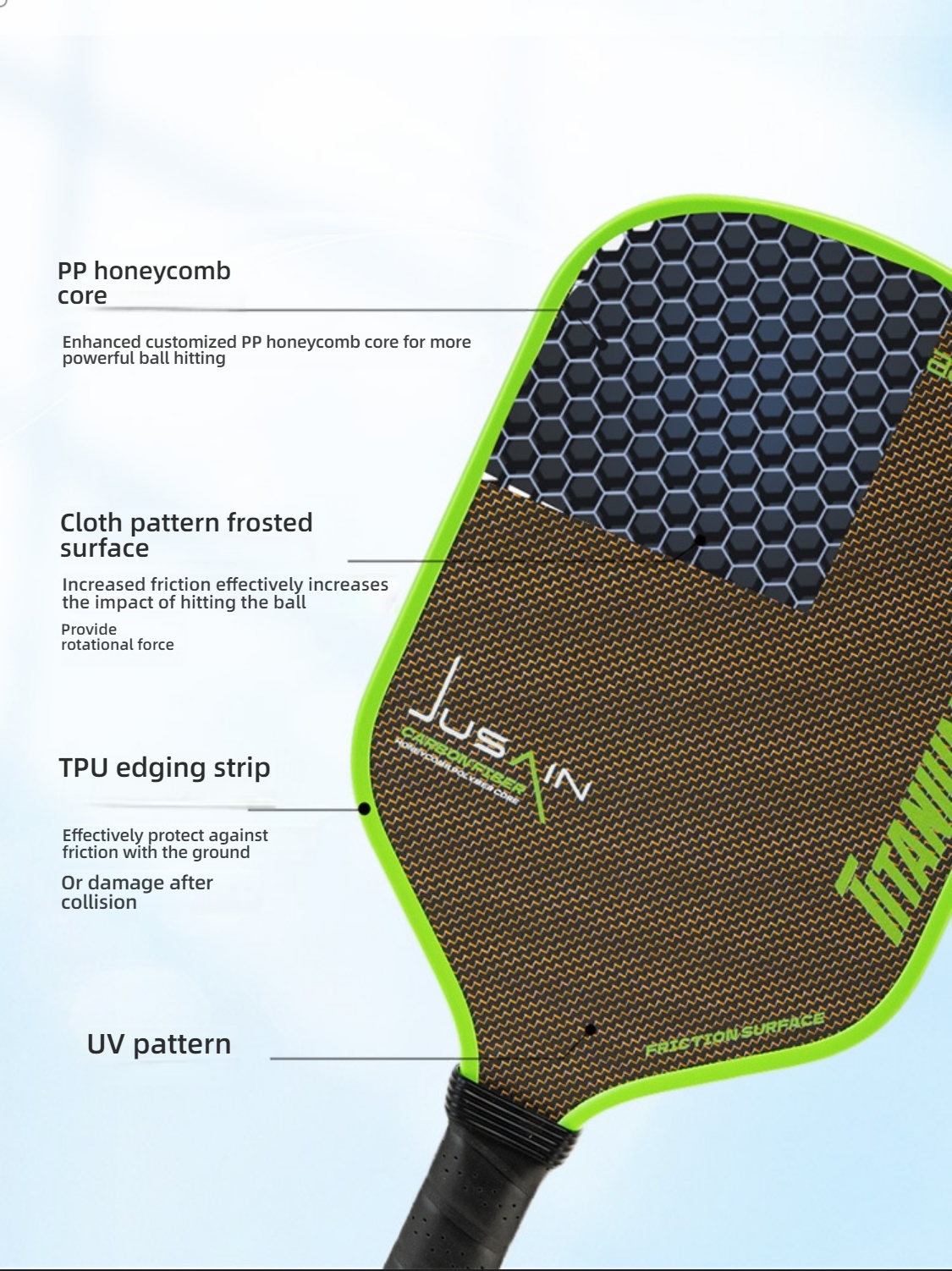 Internal view of the PP honeycomb core and TPU edging, showing what makes a pickleball paddle good in terms of structural integrity and impact protection.