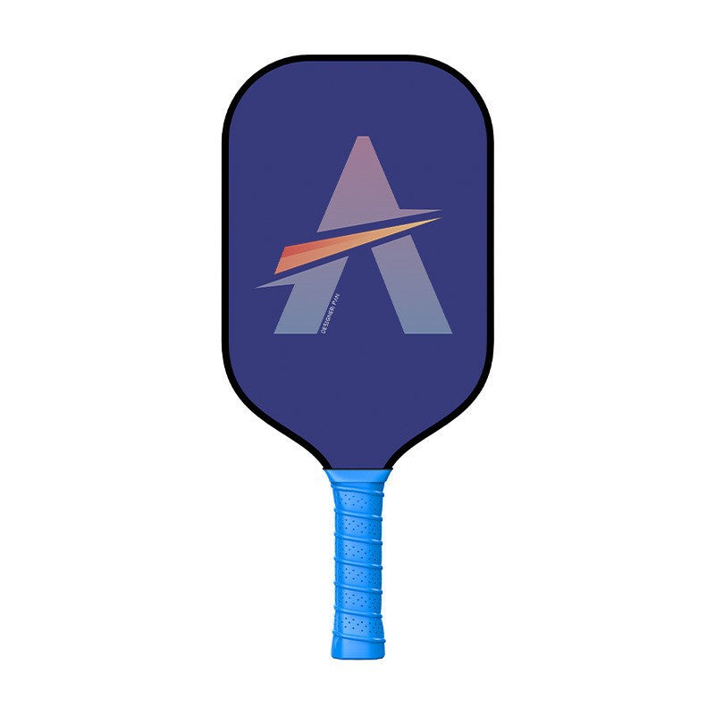 Xephira Pickleball Paddle SKU image, dark blue design theme, with an orange gradient A-shaped logo in the center of the face. The handle features eye-catching blue PU porous handle leather. Ideal for beginners seeking a stylish design and asking what is a good pickleball paddle for beginners.
