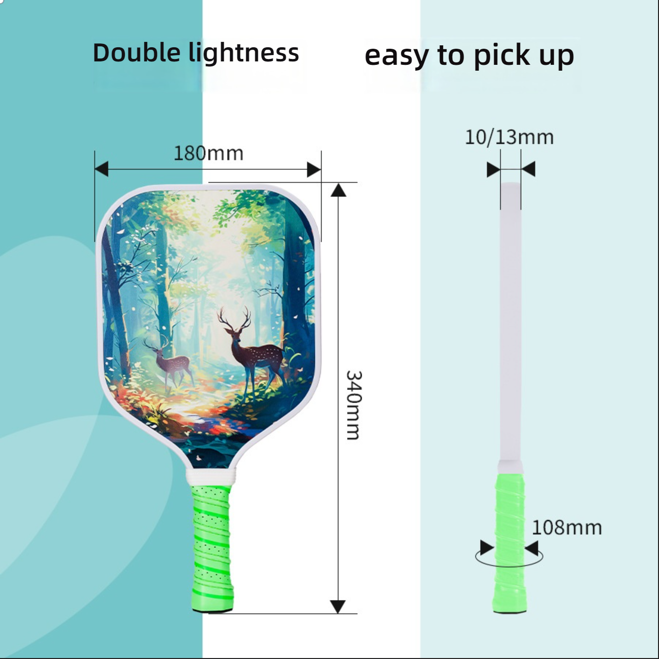 A pickleball paddle dimensions diagram with a deer and forest illustration, showing its specifications: length $340mm$, width $180mm$, thickness $10mm$ or $13mm$, and handle length $108mm$. It emphasizes "Double lightness" and "easy to pick up," making it suitable for children or beginners, which helps in understanding pickleball paddle specifications. how do i choose a pickleball paddle for beginners | what is a good pickleball paddle | where to buy a pickleball paddle