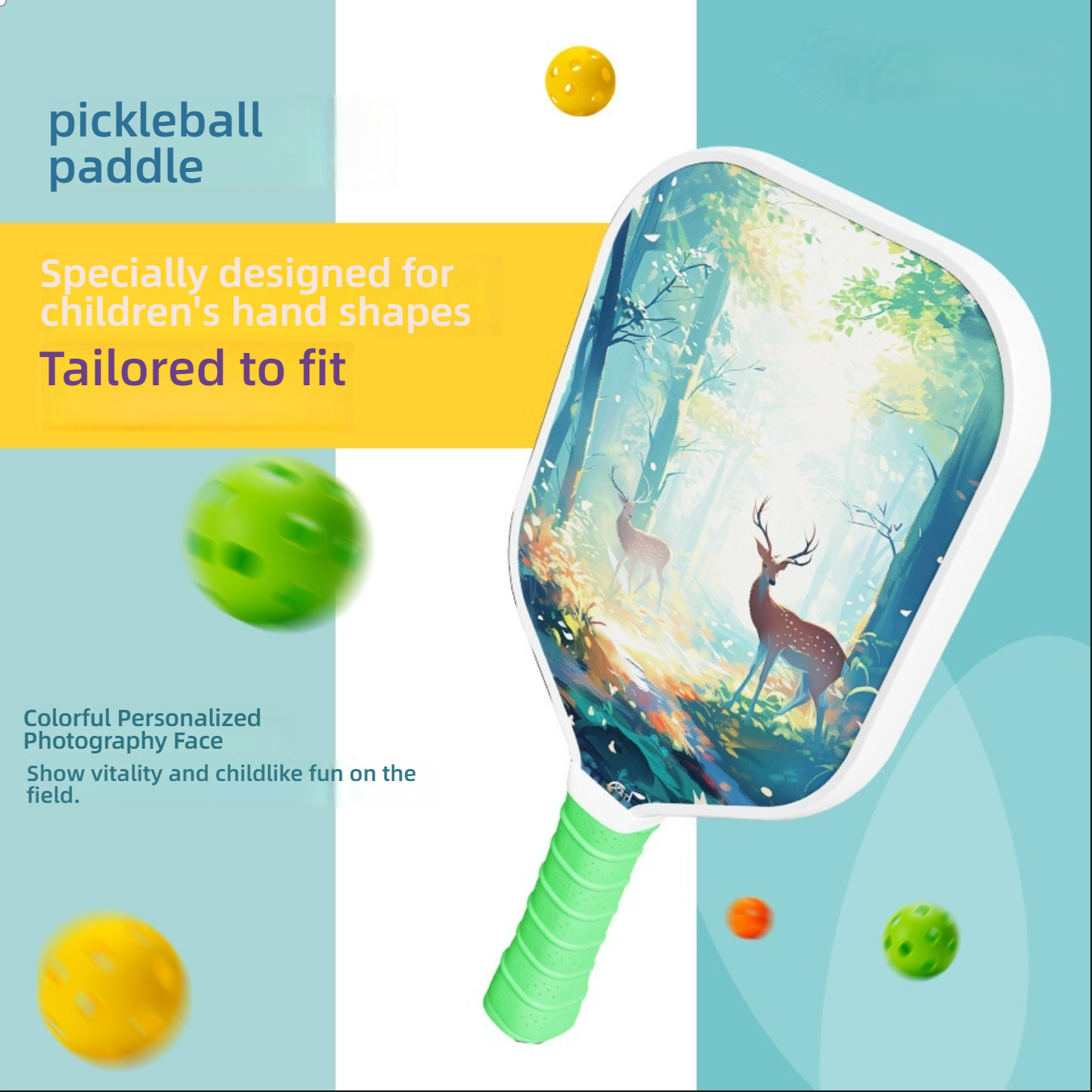 A children's pickleball paddle featuring a deer and forest themed illustration, specially designed for children's hand shapes and tailored to fit. The paddle face has a colorful personalized photography surface, showing vitality and childlike fun. This pickleball paddle is an ideal choice for beginners and family fun (parent-child activities). what is a good pickleball paddle for beginners | where to buy a pickleball paddle | what are good pickleball paddles