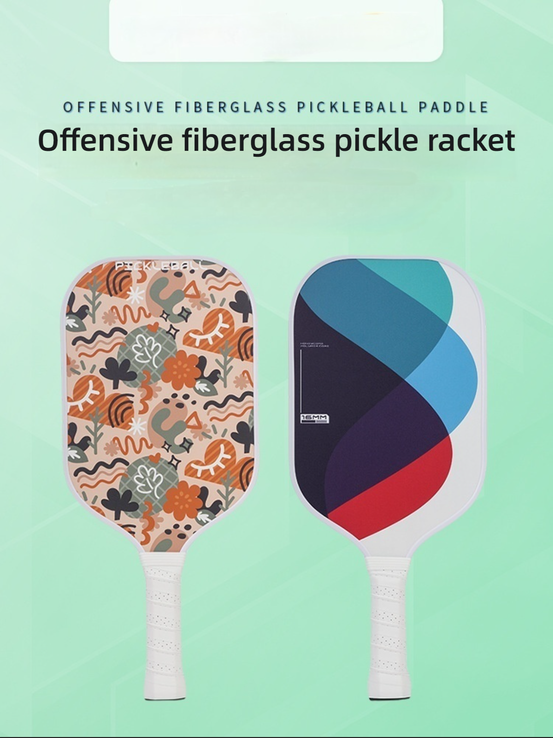 A promotional image showing two Offensive fiberglass pickleball paddles: one with a Bohemian cartoon pattern and the other with a blue/red curve design, emphasizing various style choices. Core keywords: where to buy pickleball paddles, what is the best paddle for pickleball, fiberglass, offensive.