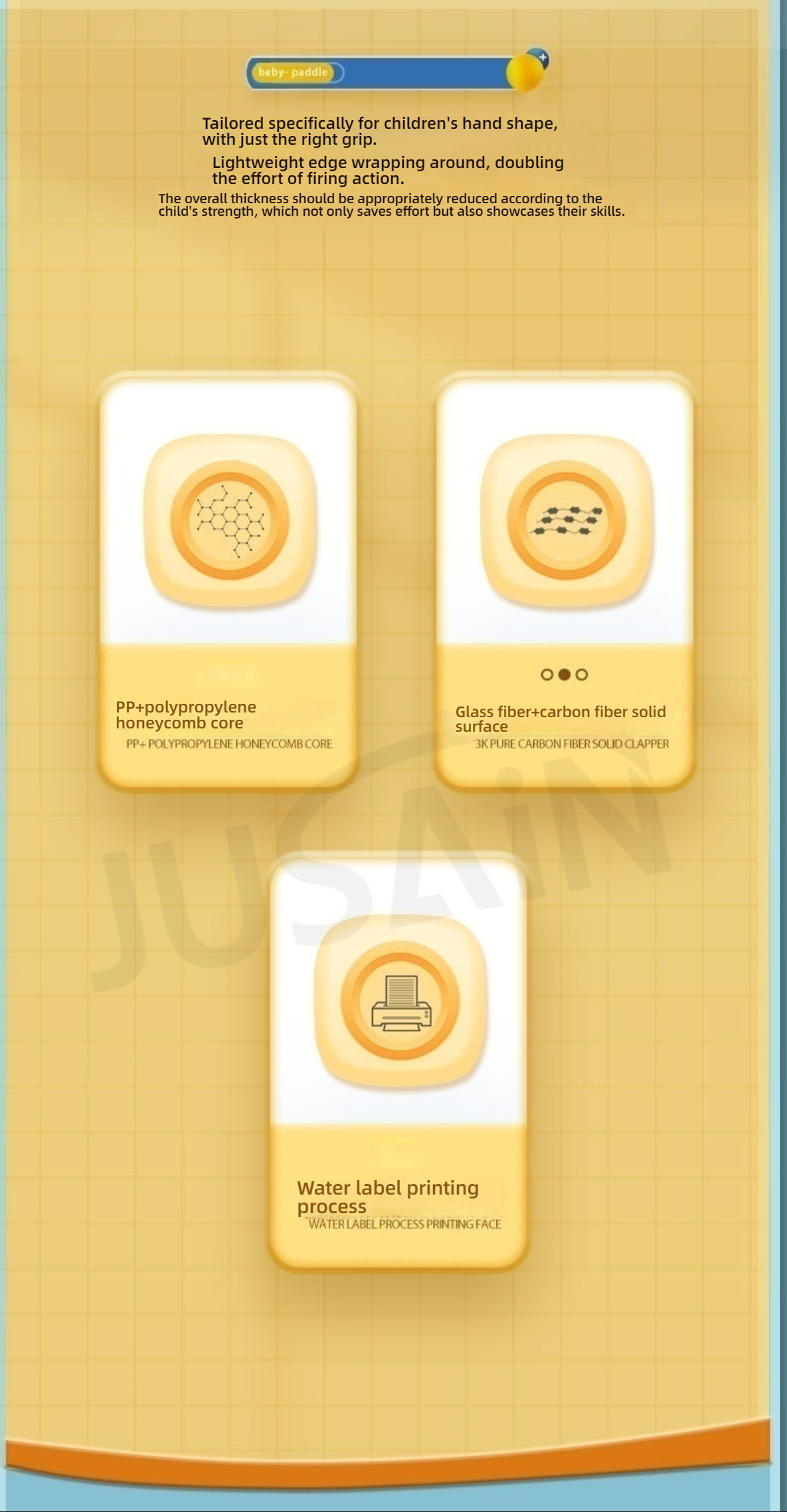 A diagram illustrating the design process and materials of a children's pickleball paddle: the grip is tailored specifically for children's hand shape; it uses a PP+polypropylene honeycomb core; and features a Glass fiber+carbon fiber solid surface and water label printing process. The design considers the child's strength, optimizes the how to hold a pickleball paddle, and highlights the paddle's core components. how to hold a pickleball paddle | what material is best for pickleball paddles | what makes a 