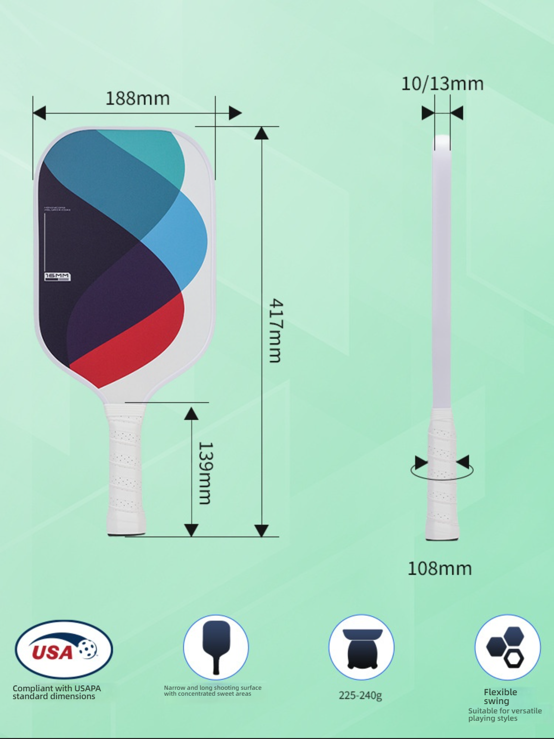 Detailed dimension and specification diagram for the blue/red curve pickleball paddle: total length $417 \text{ mm}$, width $188 \text{ mm}$, handle $139 \text{ mm}$, and weight $225-240 \text{ g}$. It is compliant with USAPA standard dimensions. Core keywords: where to get pickleball paddles, what material is best for pickleball paddles, specifications, USAPA, $225-240 \text{ g}$.