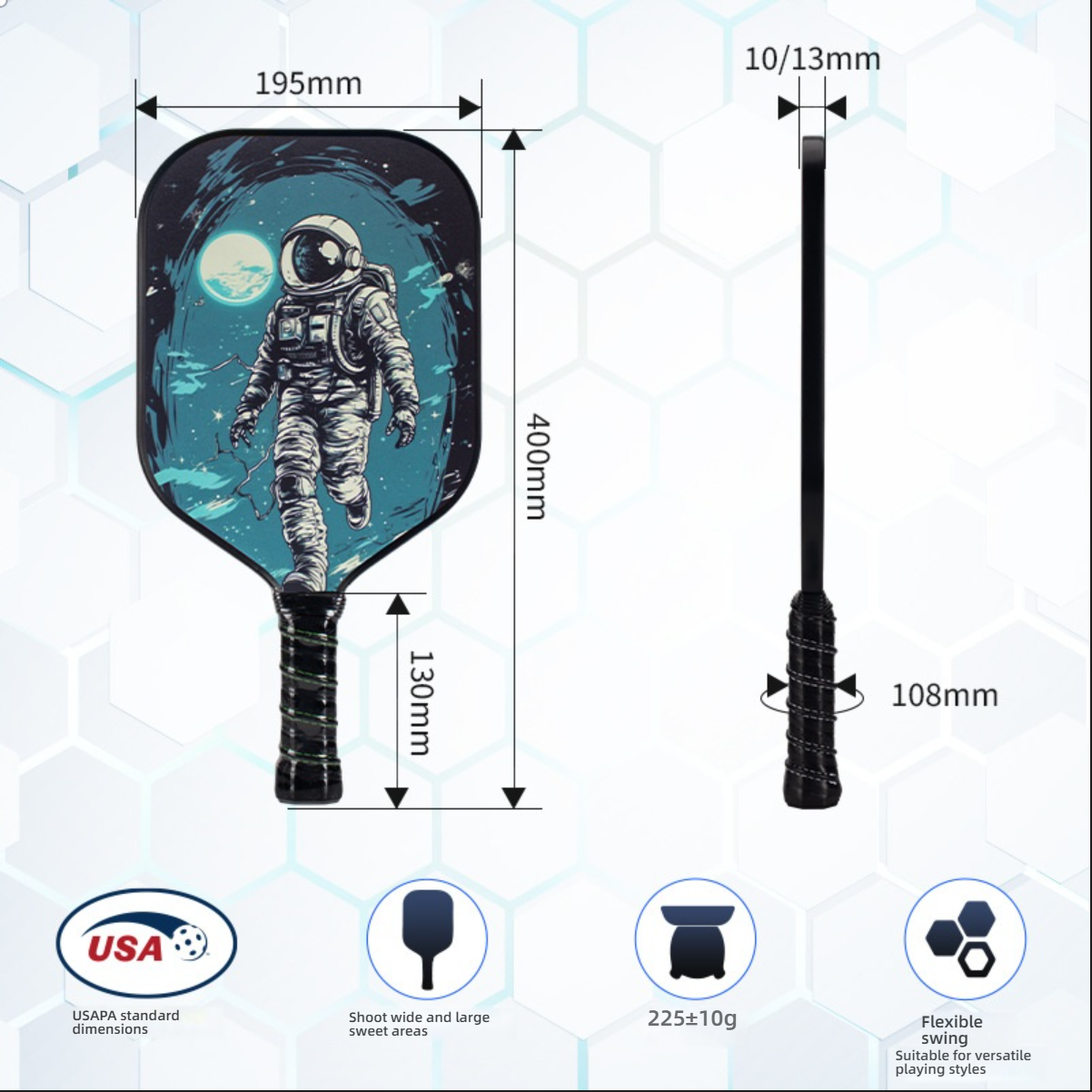 EN: What makes a pickleball paddle good? USP: Pro-size dimension specifications.