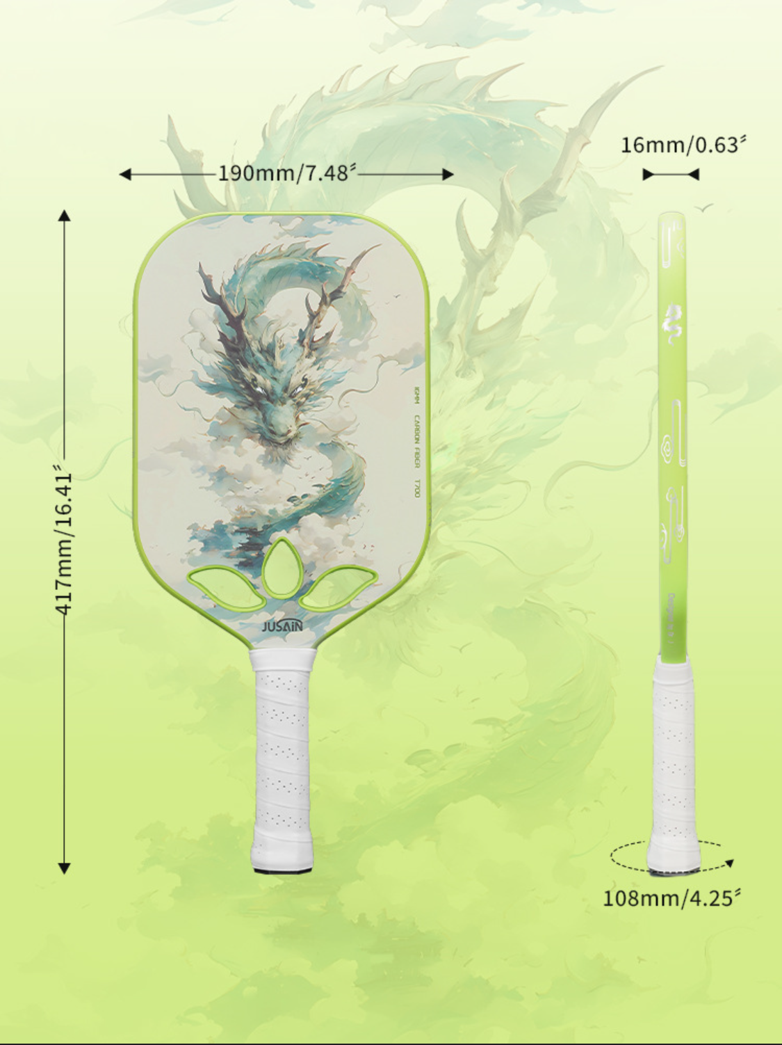 Pickleball paddle specifications (417x190mm), showcasing the best choice for where to buy pickleball paddles. USP: 16mm thick honeycomb core.
