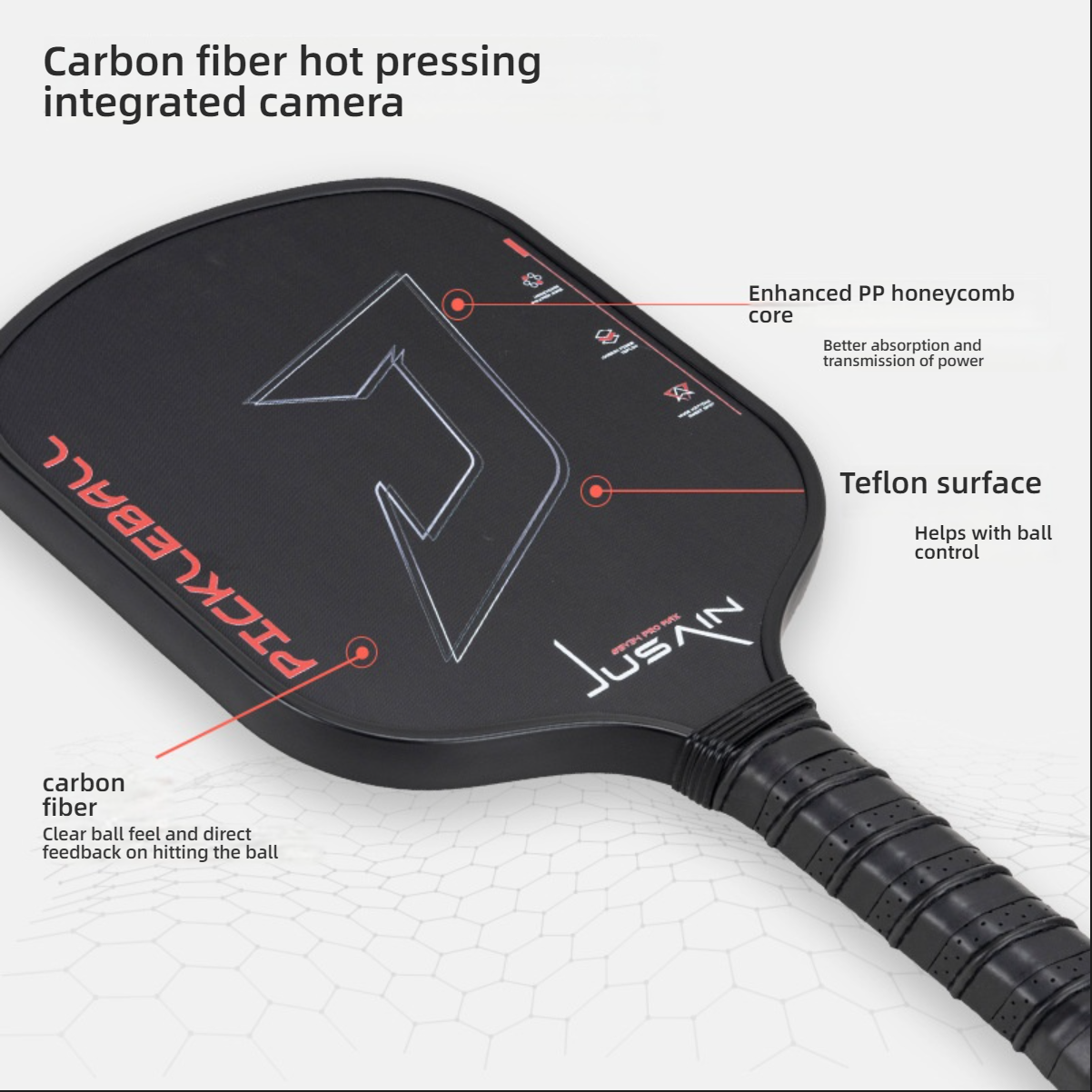 Close-up of Teflon frosted surface and carbon fiber material, explaining what material is best for pickleball paddles and providing superior ball control.