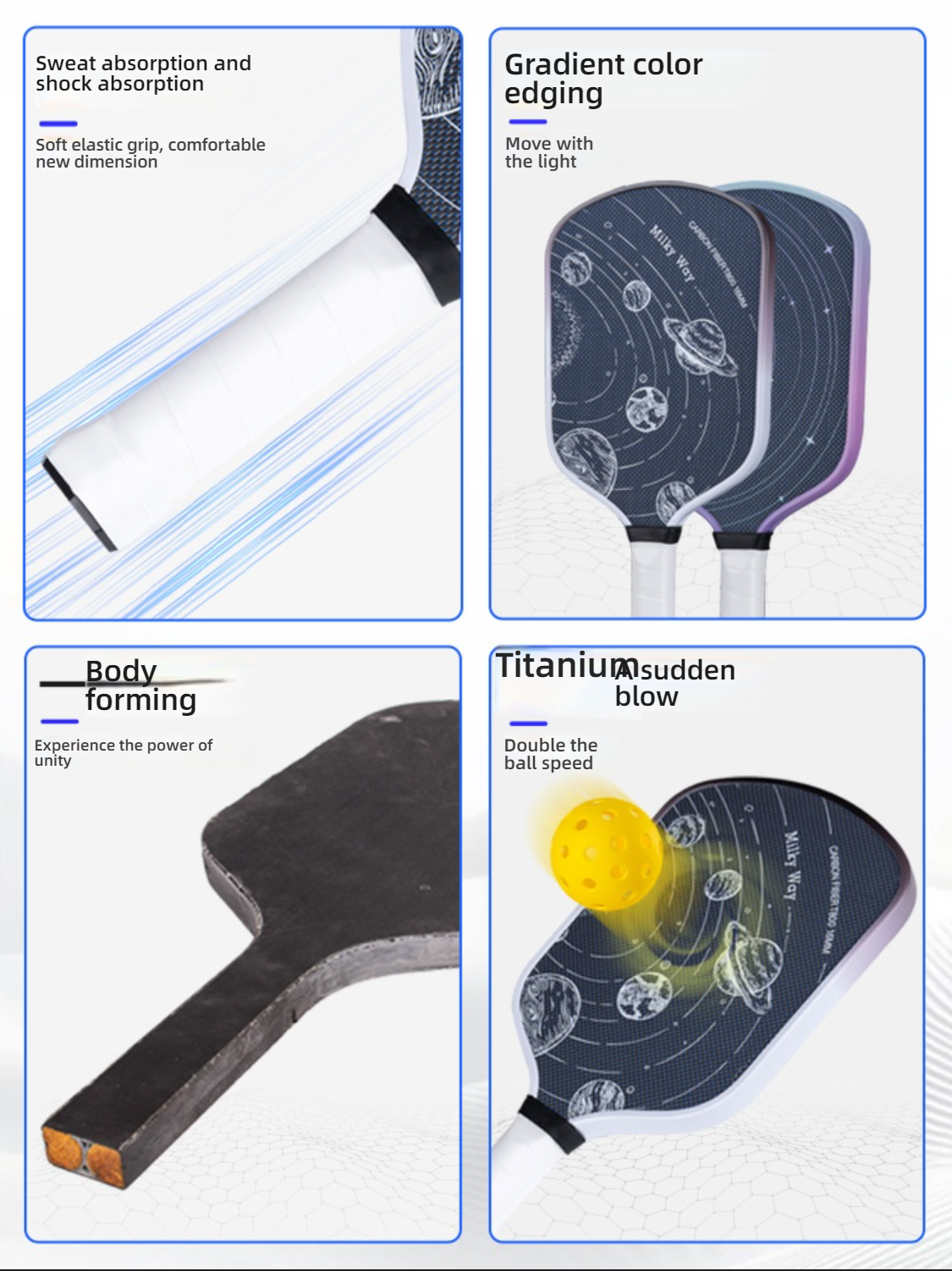 Four key features of Xephira. If you're wondering how do I choose a pickleball paddle for beginners, look for shock absorption and durability.