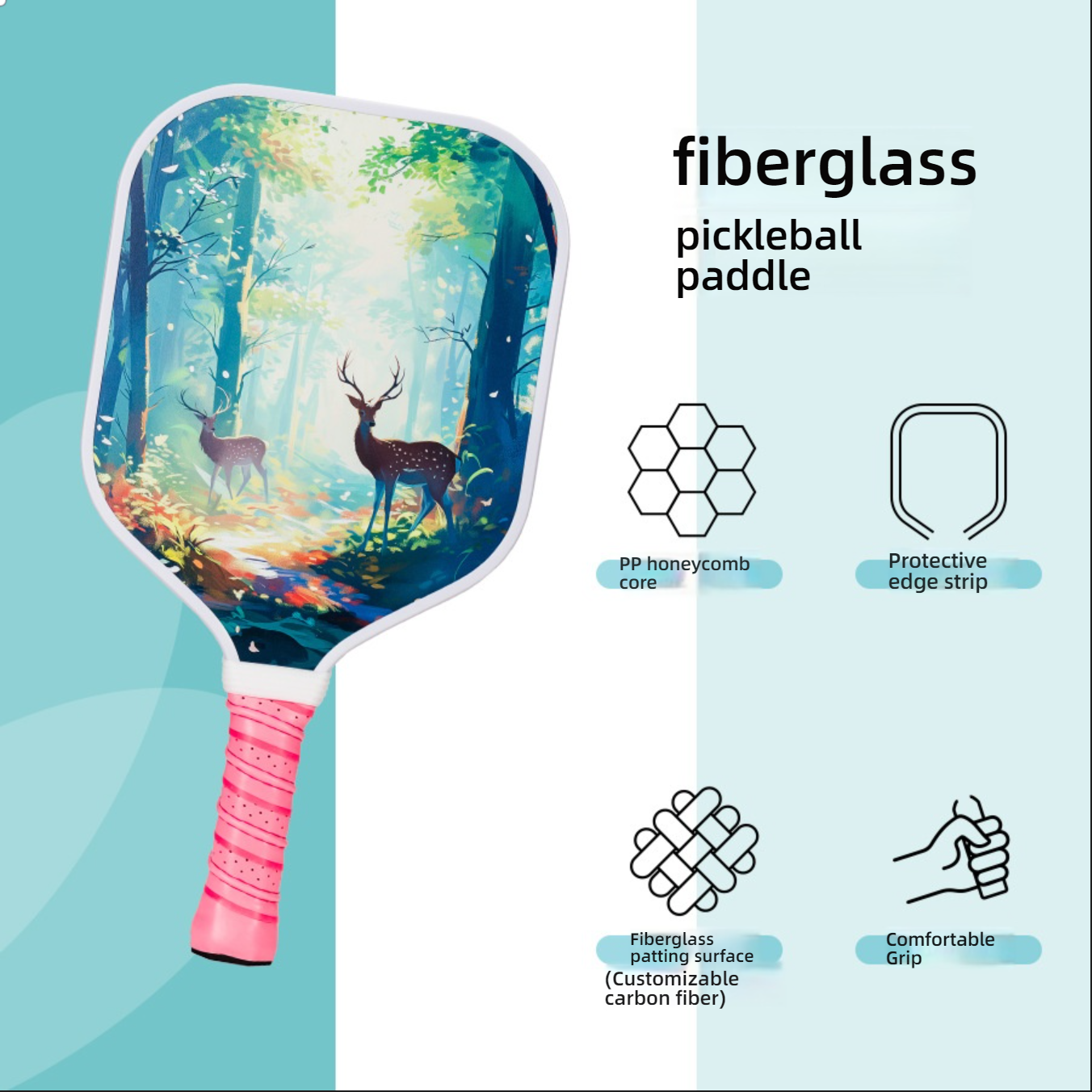 A component breakdown diagram of a fiberglass pickleball paddle. Key components include the PP honeycomb core, Protective edge strip, Fiberglass batting surface (customizable carbon fiber), and Comfortable Grip. This fiberglass pickleball paddle is suitable for beginners, demonstrating what material is best for pickleball paddles. what makes a pickleball paddle good | which pickleball paddle to buy