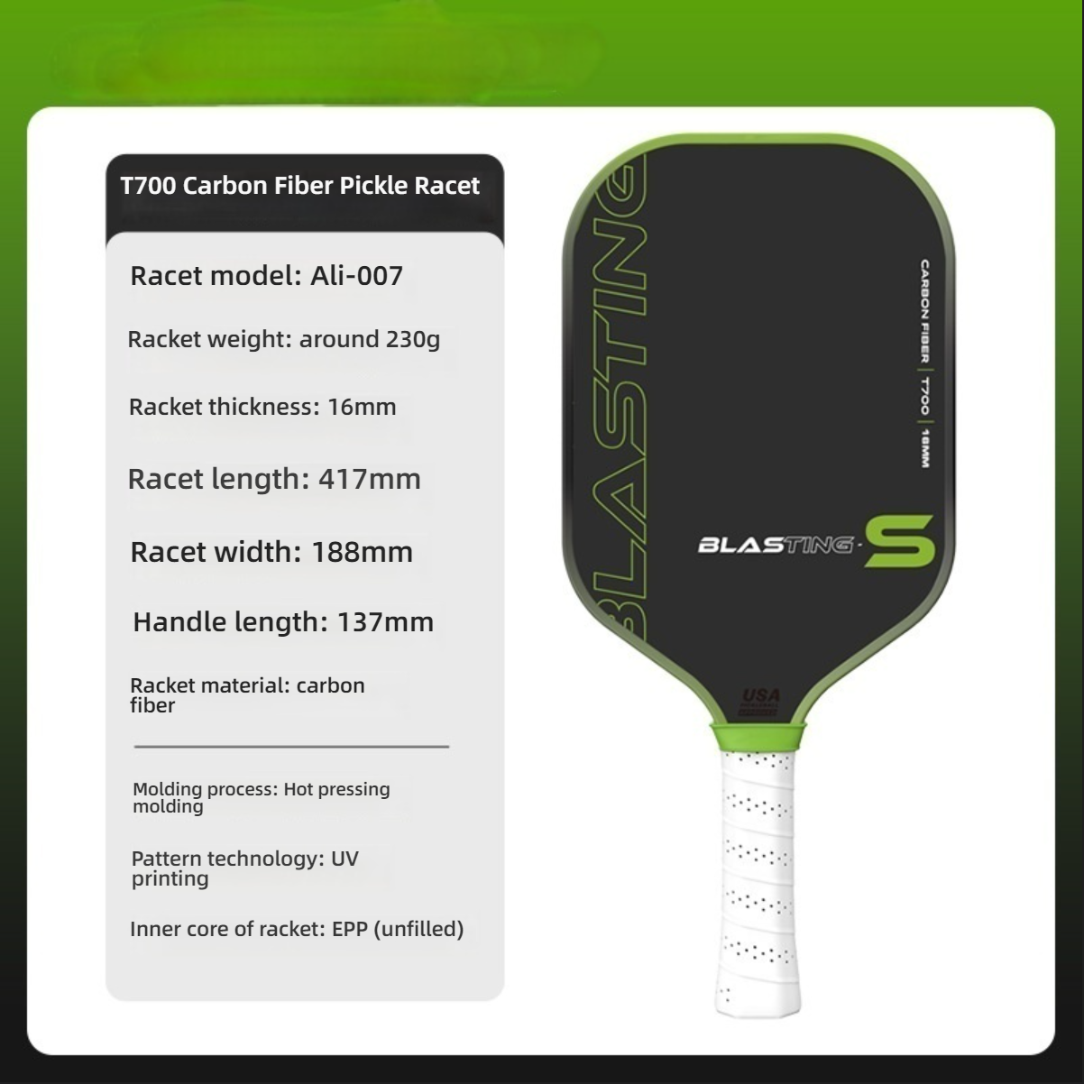 Green T700 carbon fiber pickleball paddle. Answering where can i buy pickleball paddles, Xephira offers professional hot-pressing technology, defining what are good pickleball paddles for beginners.