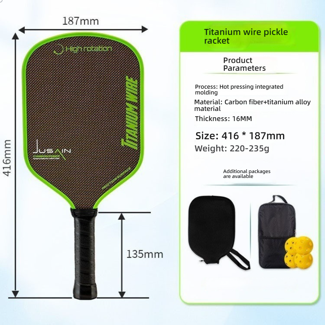 Xephira green titanium wire carbon fiber pickleball paddle specs showing $416 \times 187\text{mm}$ size and $135\text{mm}$ handle. A top choice for those asking what is the best pickleball paddle, featuring hot-press integrated molding.